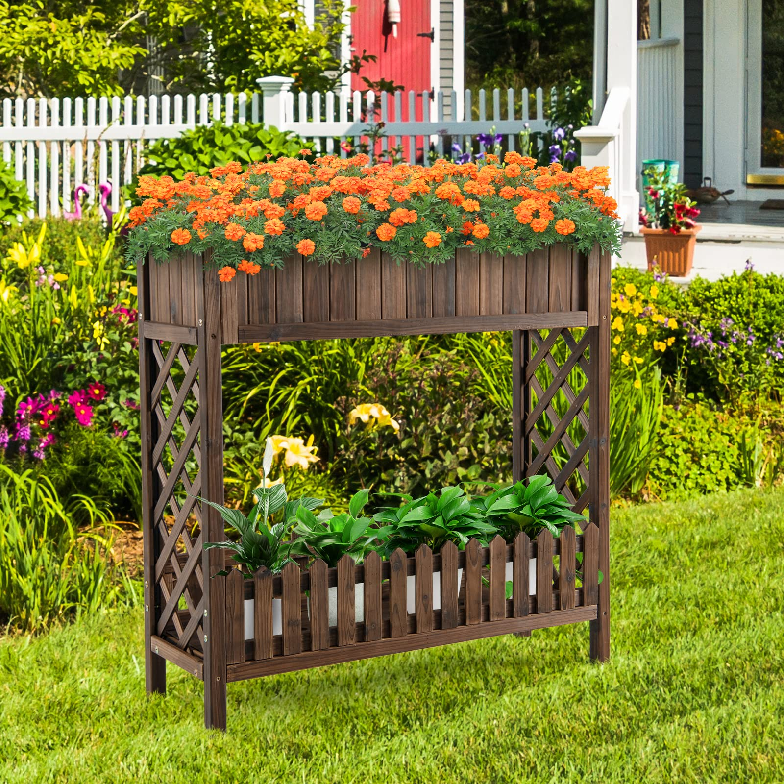 Giantex Planter Raised Bed, Elevated Potted Plant Rack(Brown) 