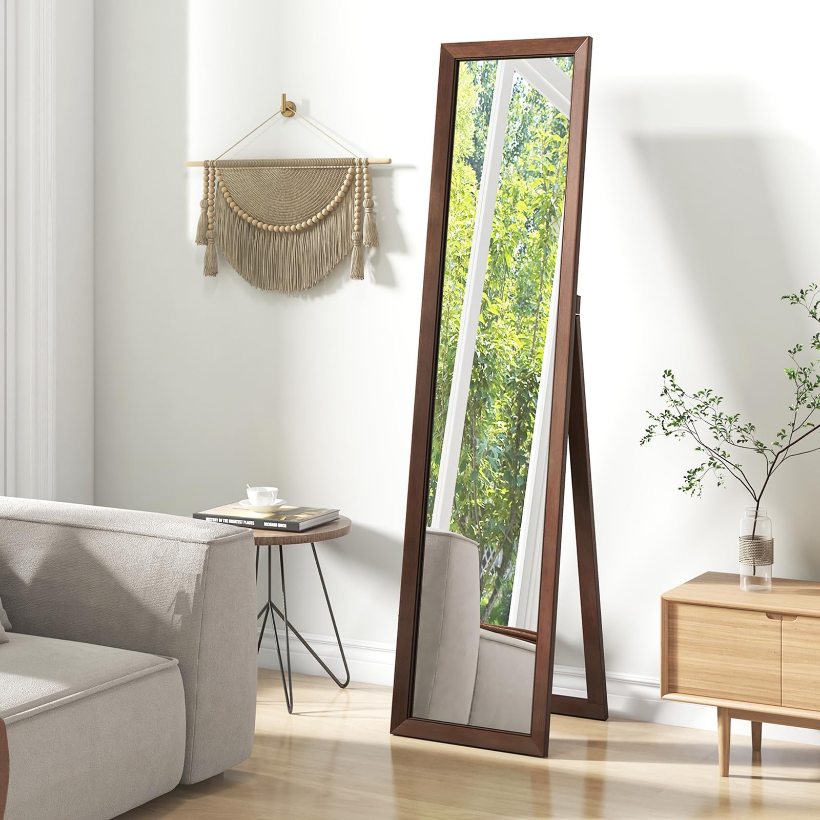 CHARMAID Full Length Mirror with Stand, Full Body Floor Mirror with Solid Wood Frame 