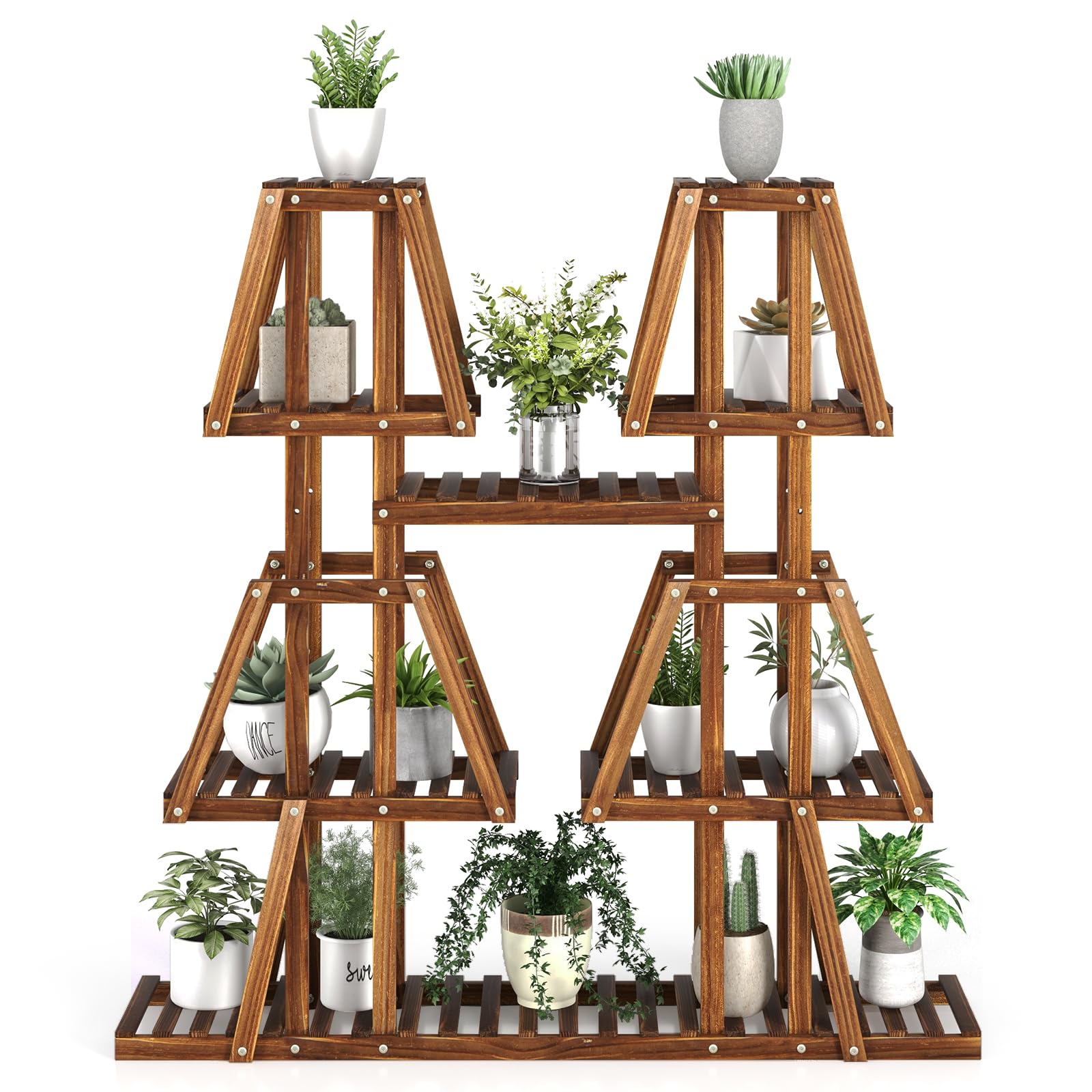 Giantex Wood Plant Stand, 5-Tier 10 Potted Trapezoid Plant Holder Rack for Multiple Plants 