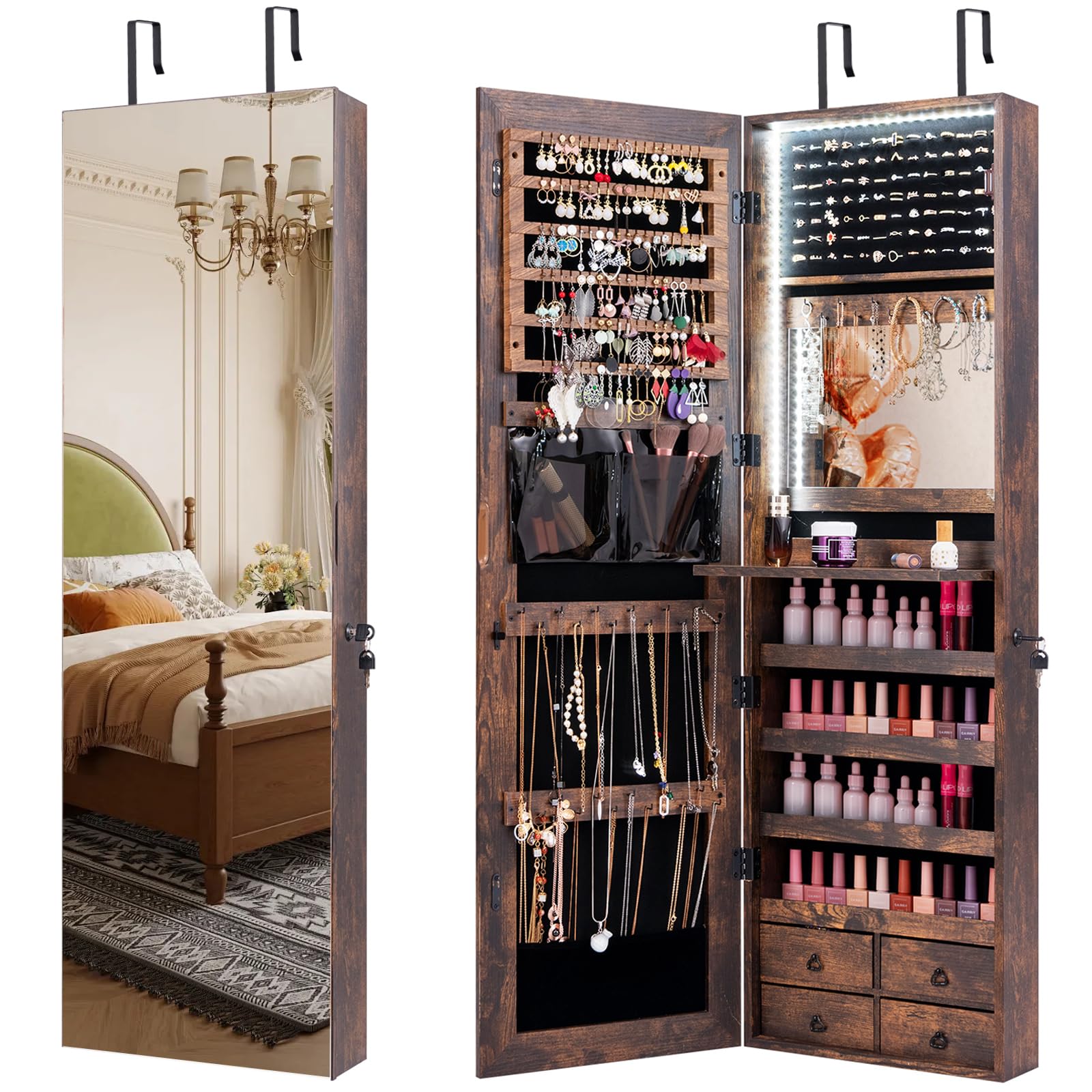 CHARMAID LED Strip Jewelry Armoire with 47.2" H Full Length Mirror, Wall/Door Mounted Jewelry Organizer with Built-in Mirror