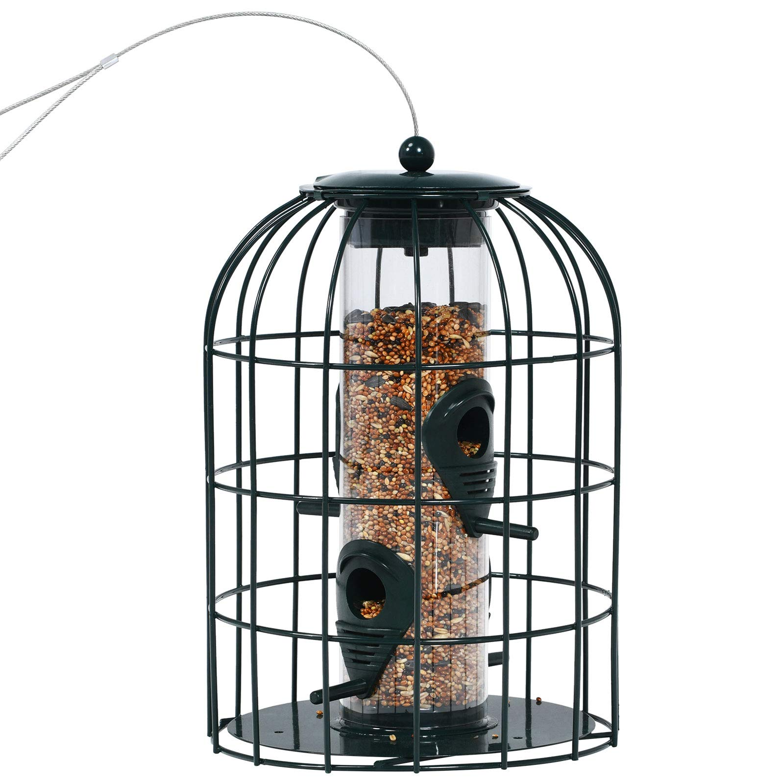 Giantex Metal Hanging Bird Feeder, Outdoor Squirrel-Proof Bird Feeder Cage with 4 Feeding Ports, Transparent PC Tube 