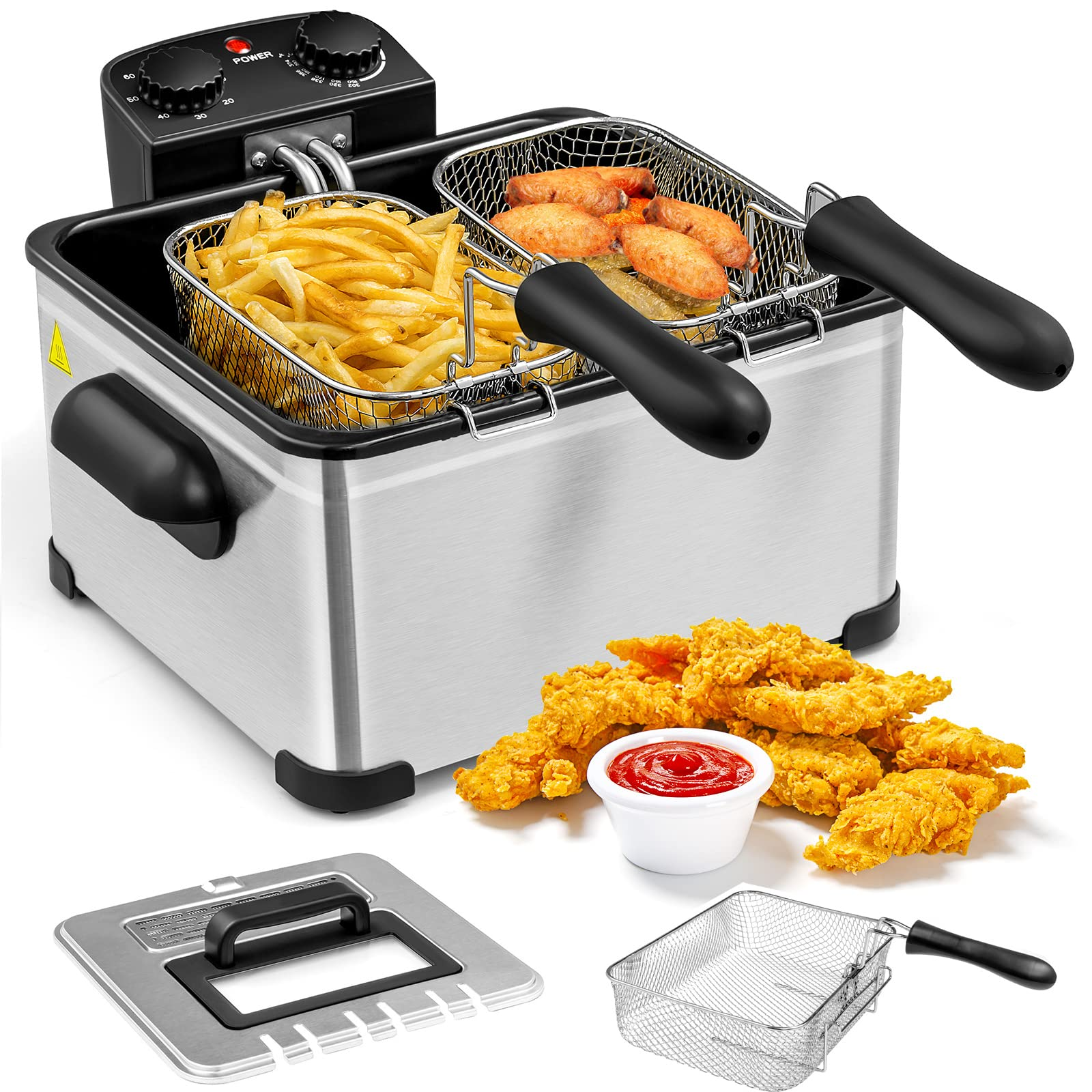 Giantex 1700W Electric Deep Fryer with 3 Baskets, 5.3QT/21-Cup Frier Cookers Home Fryer 