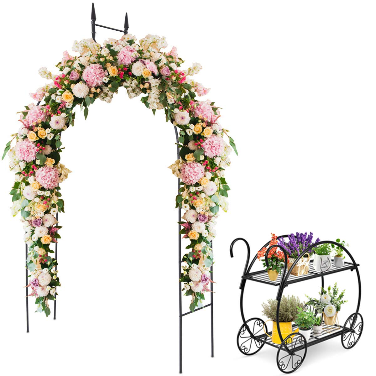 Giantex Metal Garden Arbor and Cart Plant Stand