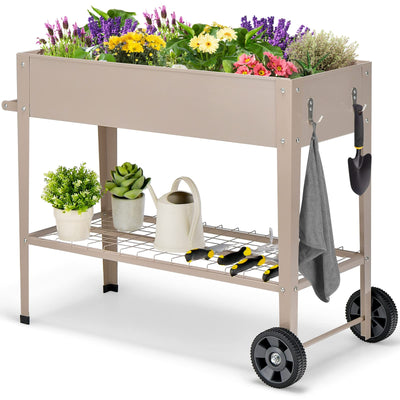 Giantex Raised Garden Bed with Legs, Metal Planter Box with Wheels, Storage Shelf (Light Brown) 