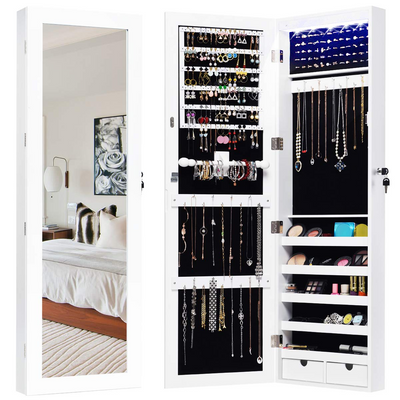 Giantex Wall Door Mount Jewelry Armoire Cabinet with 15 LED Lights, Lockable Hanging Jewelry Cabinet Organizer with Large Storage Capacity 
