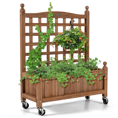 Wood Planter with Lattice Trellis and Wheels, 25'' x 11'' x 32.5'' (L x W x H) 