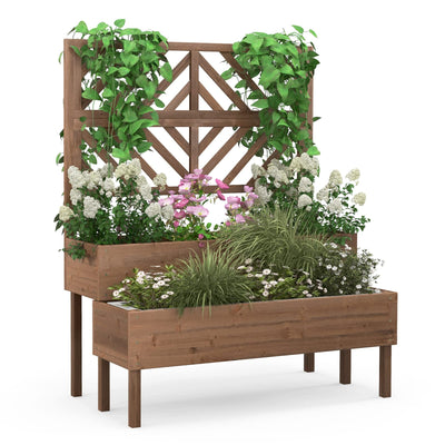 Giantex Raised Garden Bed with Trellis, 2-Tier Wooden Planter Box with Legs and Drain Holes (Brown) 