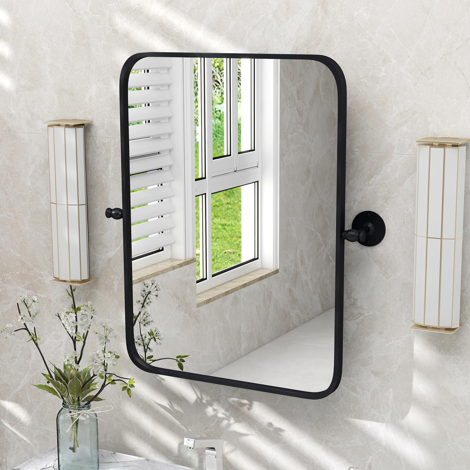 CHARMAID Pivot Mirror for Bathroom - 30'' x 22'' Tilt Beveled Vanity Mirror Black Metal Framed