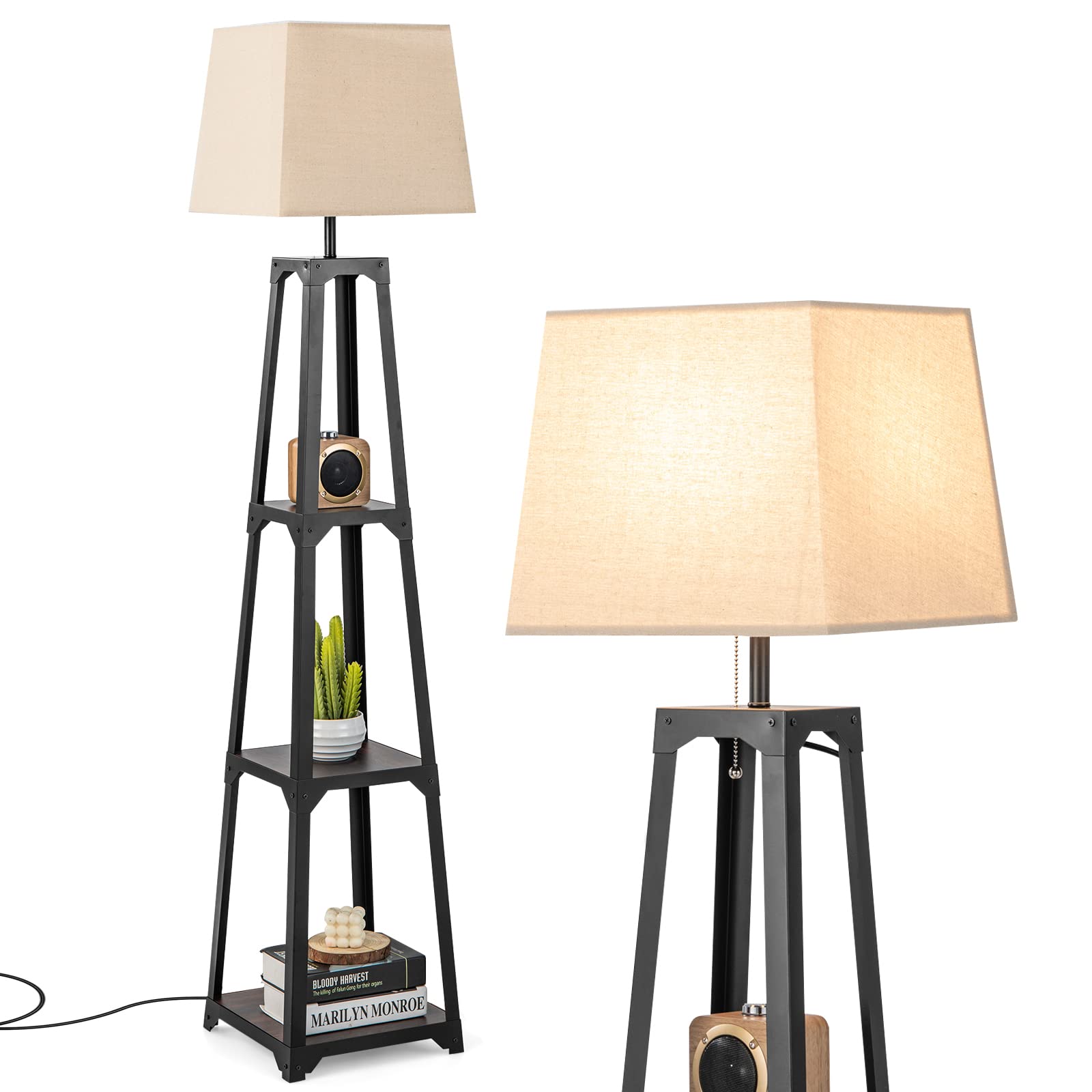 Giantex Shelf Floor Lamp - 3-Tier 63" Tall Modern Corner Standing Lamp with Linen Lampshade 