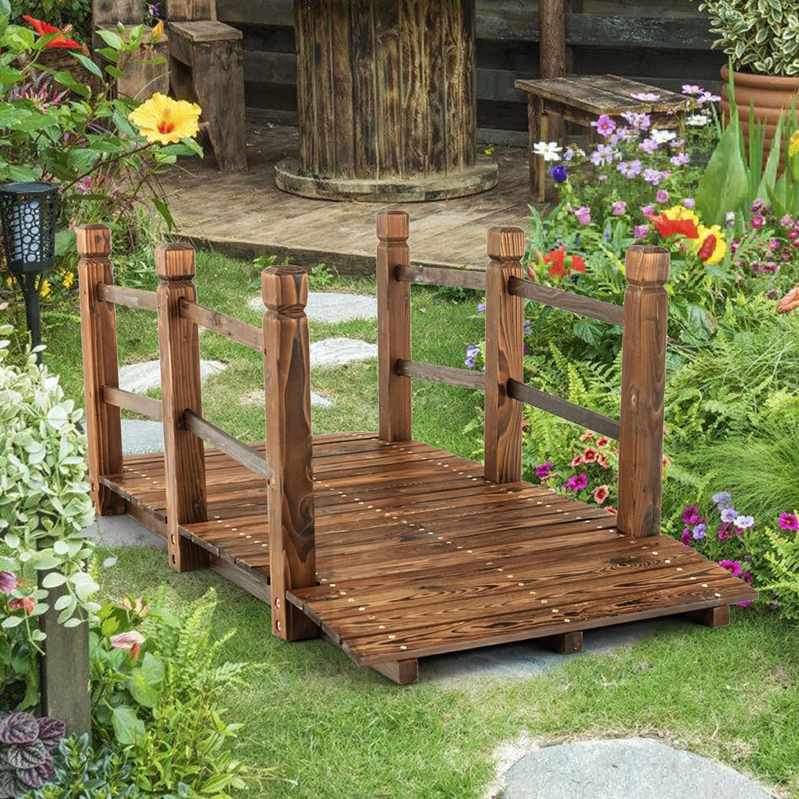 Giantex 5 ft Garden Bridge - Stained Wood Arc Footbridge Walkway