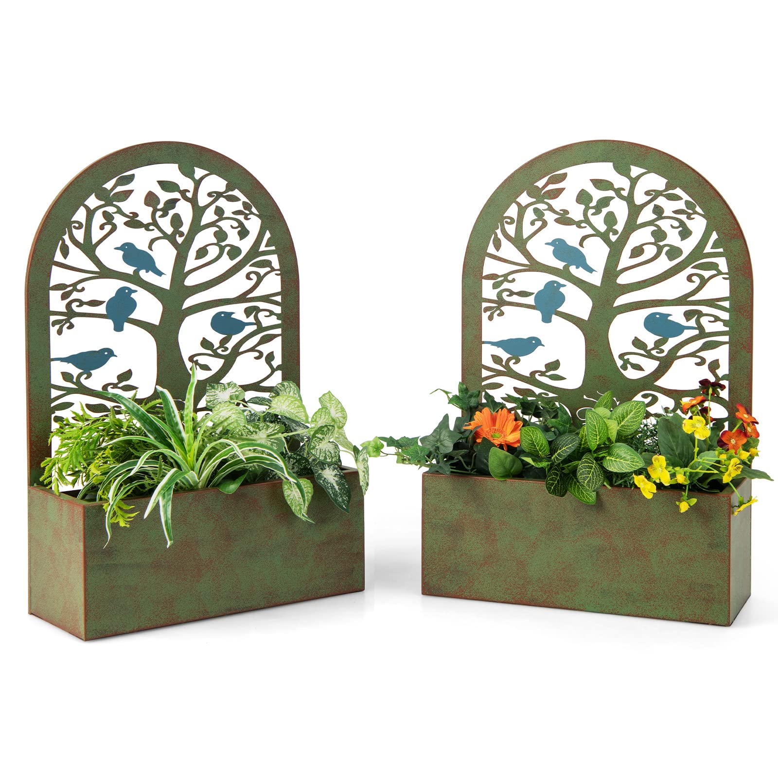 Giantex Raised Garden Bed Set of 2 - Wall-Mounted & Freestanding Decorative Planter Boxes with Trellises 