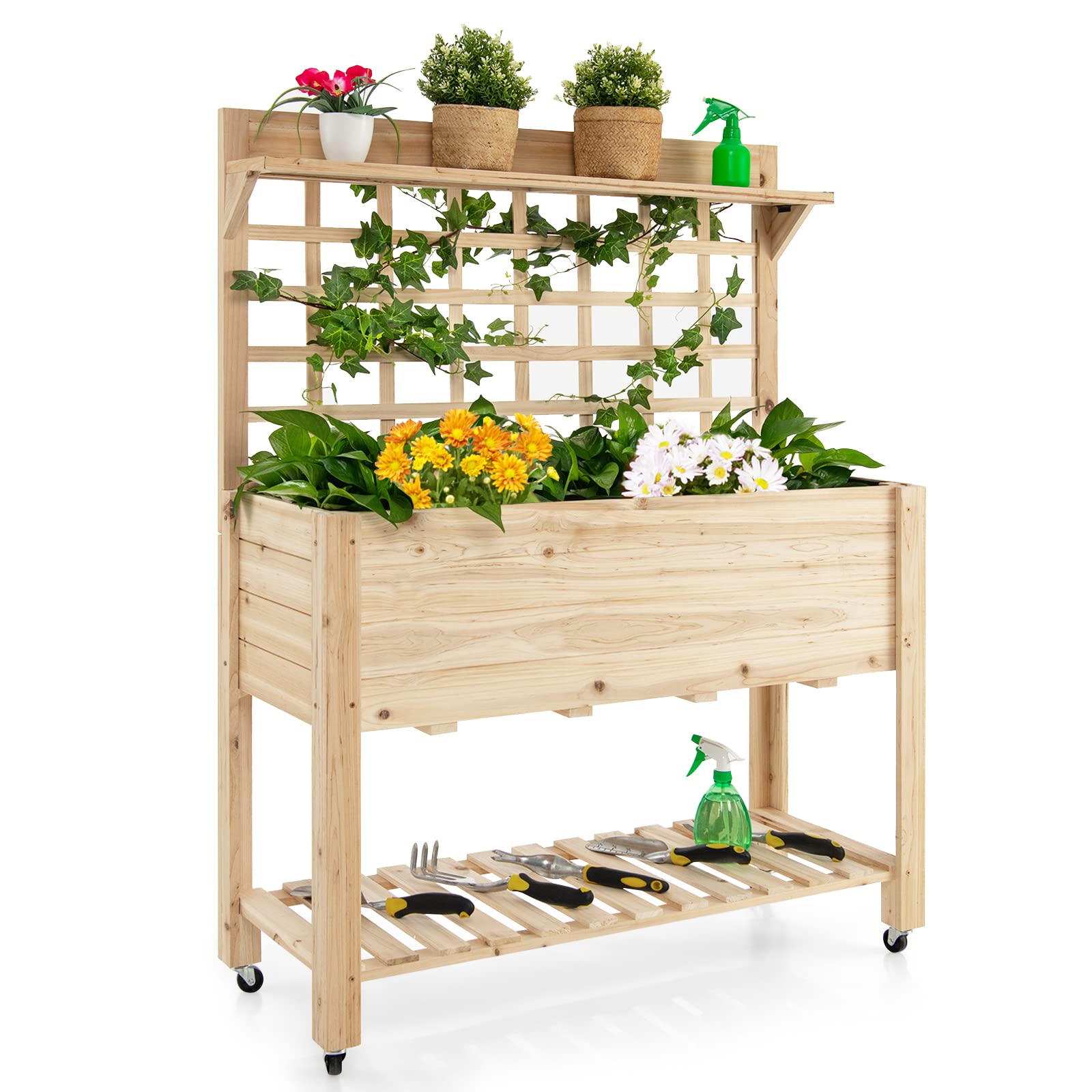 Giantex Raised Garden Bed on Wheels, Wood Planter with Trellis, Black Liner Storage Shelf 