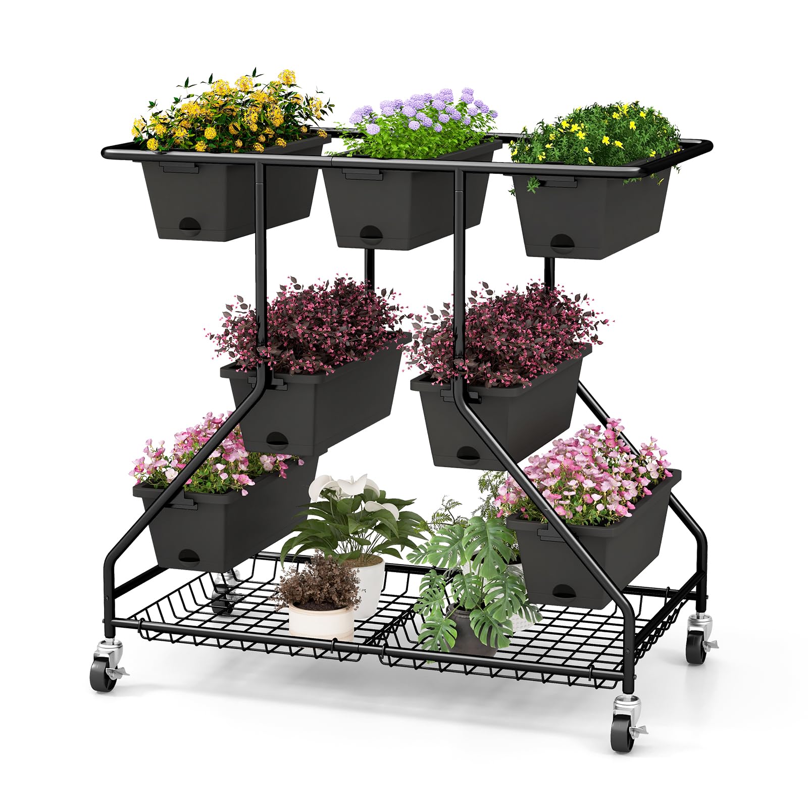 Giantex Rolling Raised Garden Bed w/ 7 Planter Boxes, Storage Baskets, Drainage Holes 