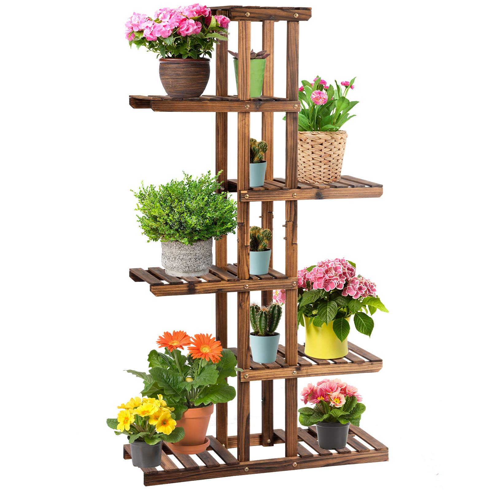Giantex Flower Rack Wood Plant Stand 7 Wood Shelves 11 Pots 
