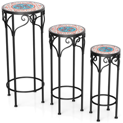 Giantex Metal Plant Stand Set of 3, 28" Mosaic Tall Flower Stand with Ceramic Top 