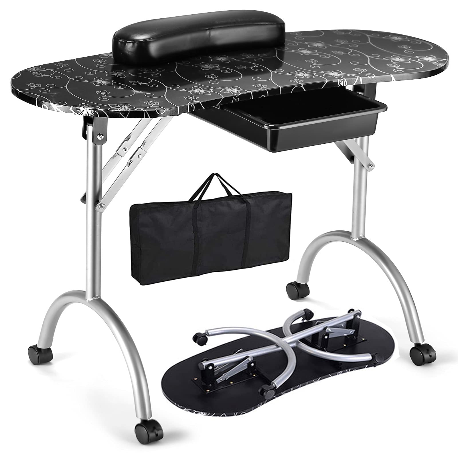 Foldable Nail Table Workstation with Lockable Wheels 