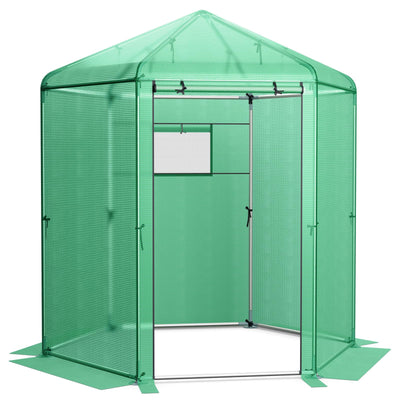 Giantex 7 x 6 x 7.5 FT Greenhouse, Large Hexagonal Walk in Greenhouse Outdoor with Heavy-Duty Metal Frame 