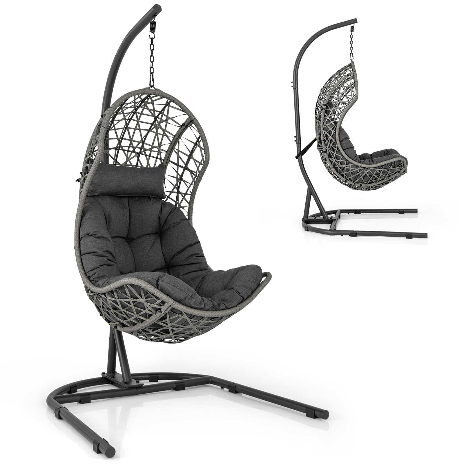 Giantex Swing Egg Chair Outdoor - PE Rattan Hammock Chair with Soft Pillow, Cushion, Metal Frame, Hanging Accessories 