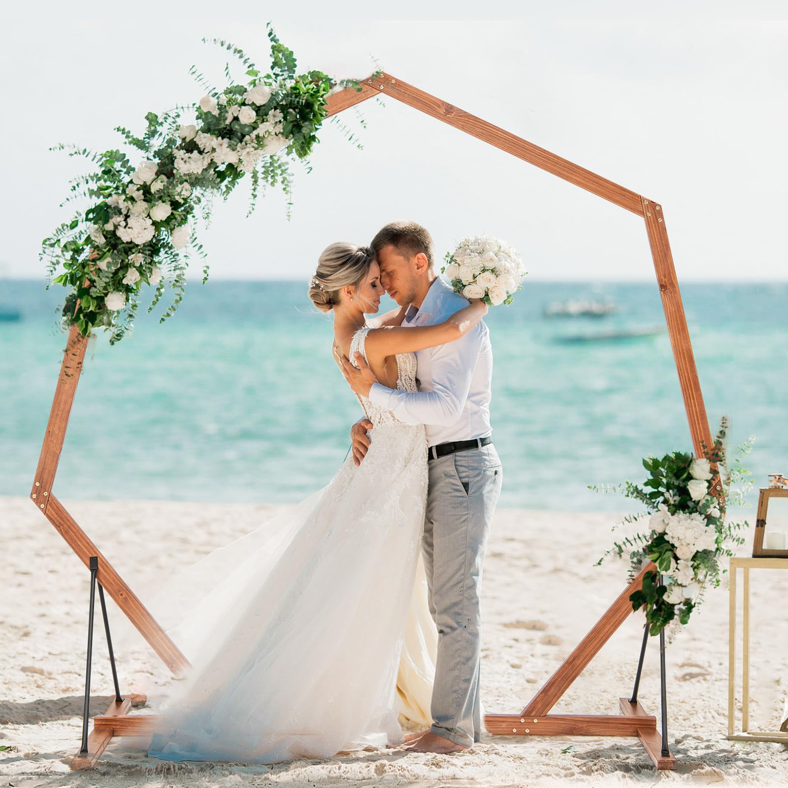 Giantex Wooden Wedding Arch for Ceremony, 7 FT Heptagon Solid Wood Arbor for Wedding Backdrop Stand 