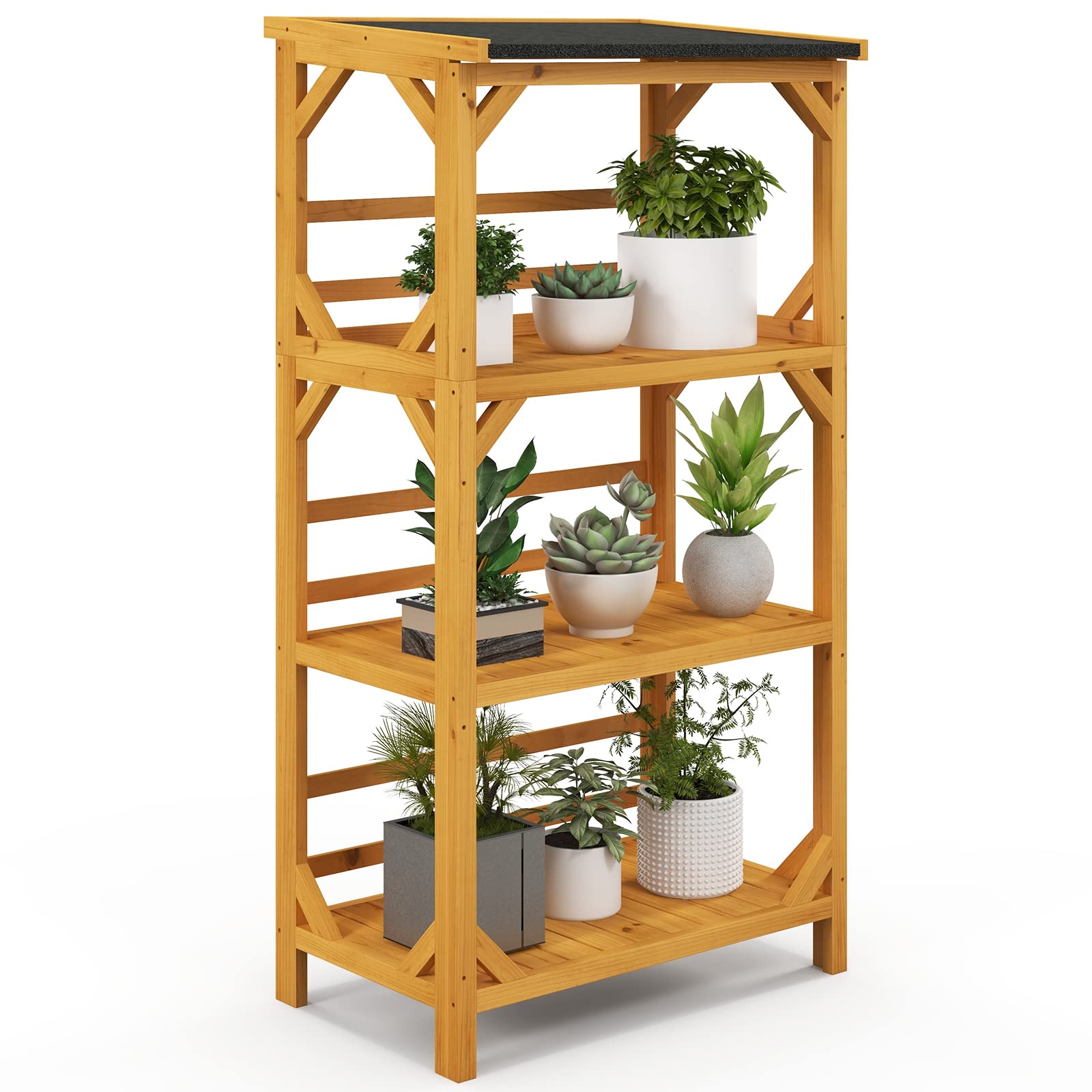 Giantex Plant Stand with Roof - 54'' Outdoor Storage Shelves, 3-Tier Wooden Plant Rack with Weatherproof Asphalt Roof 