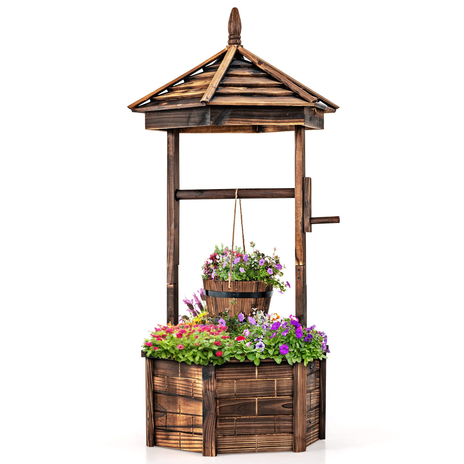 Giantex Rustic Wooden Wishing Well Planter with Hanging Bucket, Roof Shadow