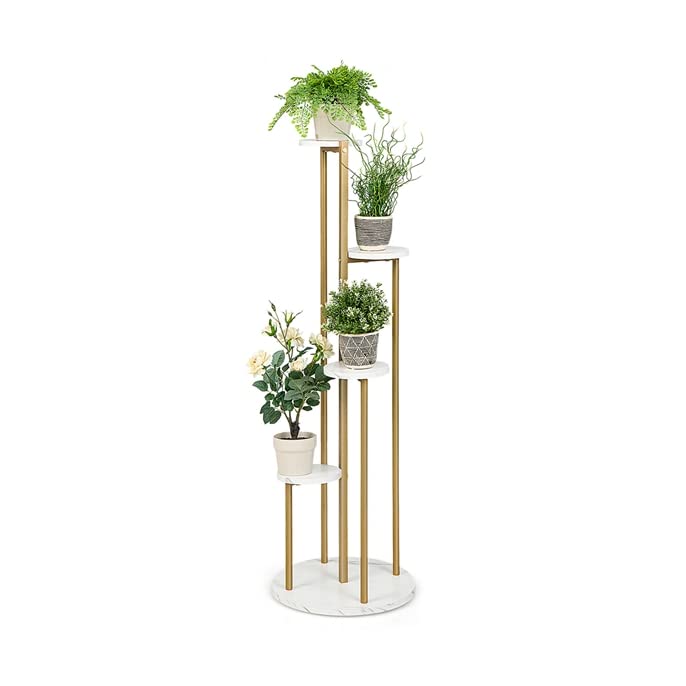 Giantex 4 Tier Plant Stand Indoor, Tall Plant Shelf with Marble Texture for Multiple Potted Plants, Tiered Metal Plant Holder Flower Display Rack for Living Room Balcony Porch 