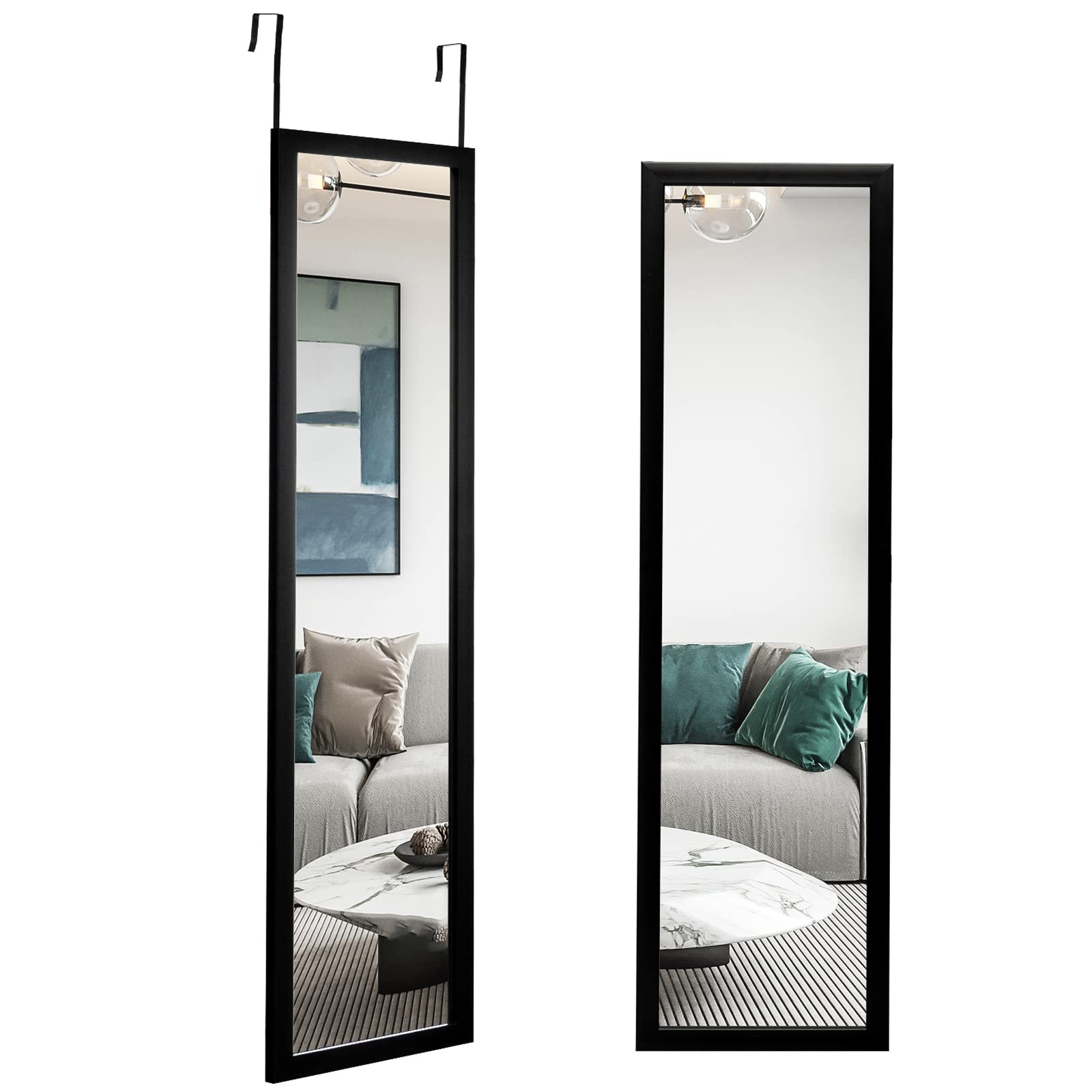 CHARMAID Over The Door Mirror, Wall Mounted Full Length Mirror, 2 Metal Hooks, 47" x 13