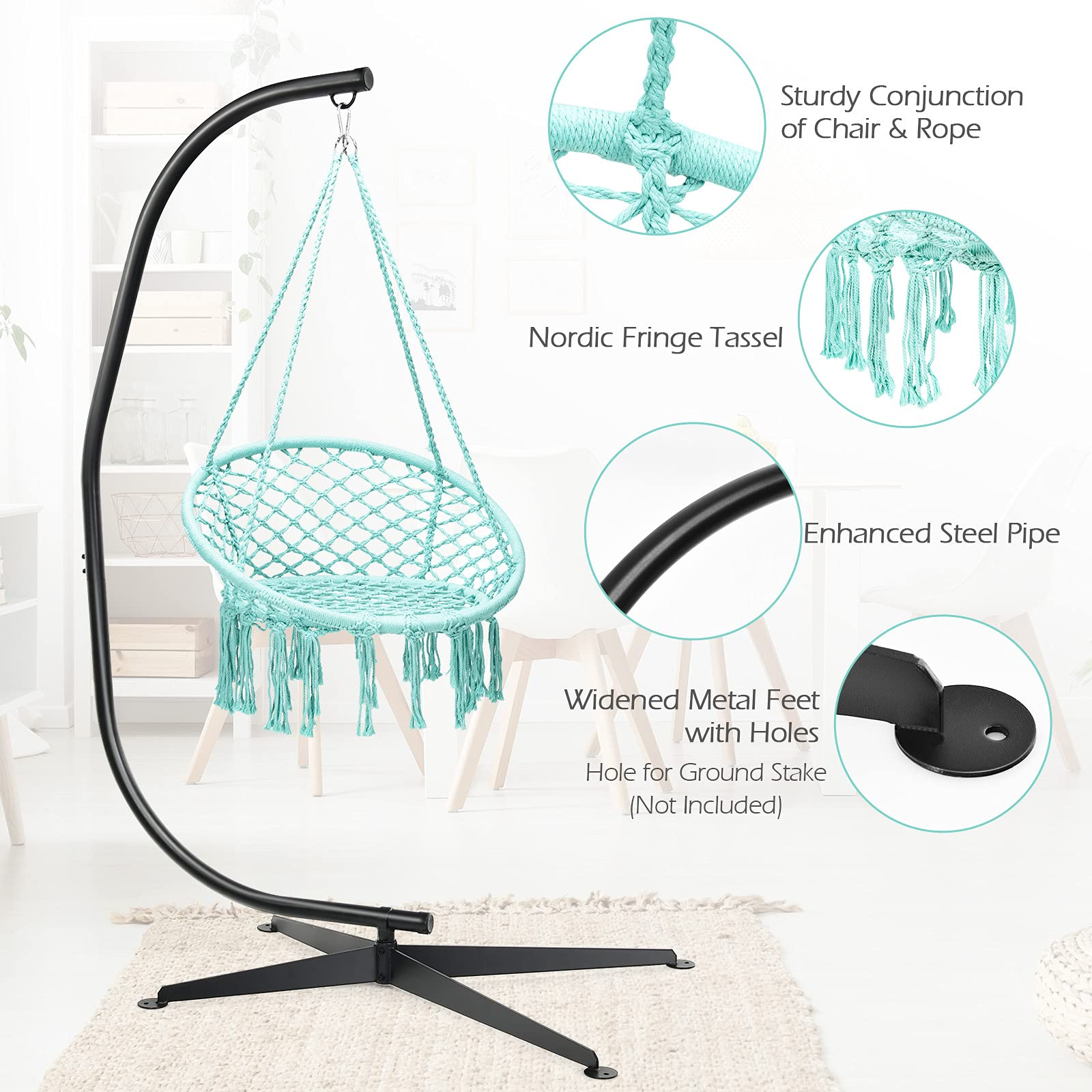 Giantex Hammock Chair with Stand, Solid Steel Heavy Duty C Stand with Macrame Hanging Chair 