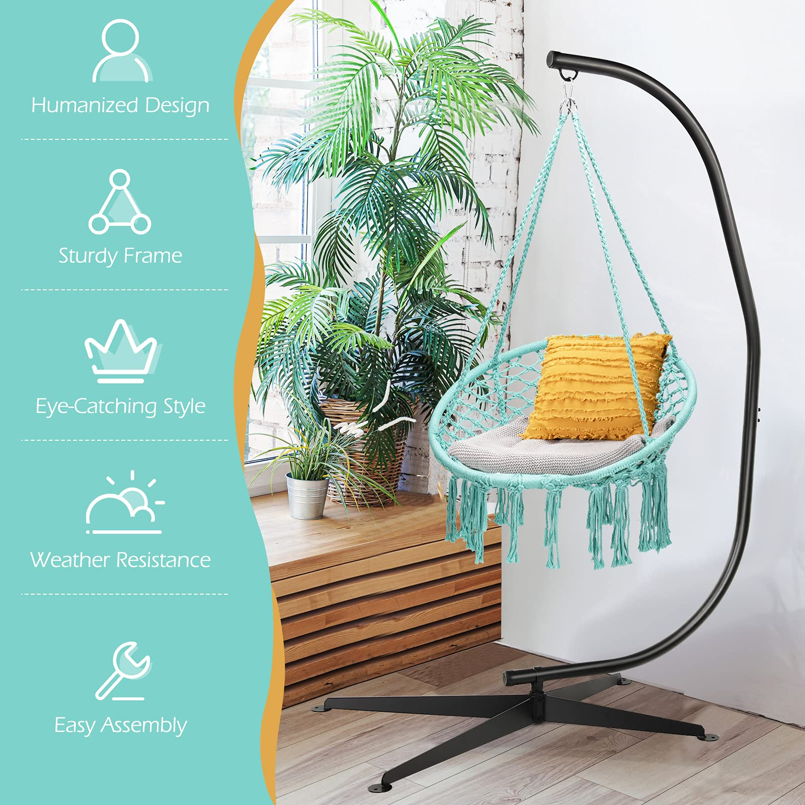 Giantex Hammock Chair with Stand, Solid Steel Heavy Duty C Stand with Macrame Hanging Chair 