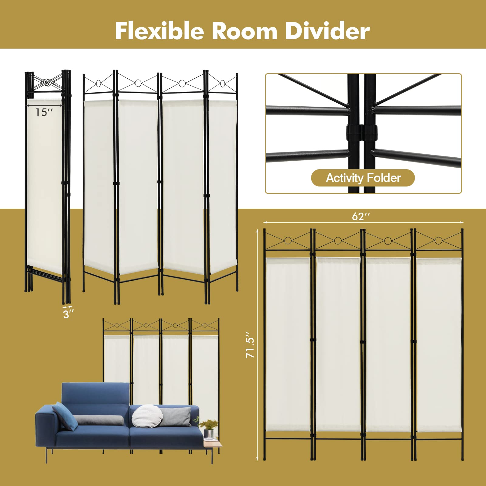 4 Panel Room Divider | 6 Ft Steel Frame Folding Privacy Screen