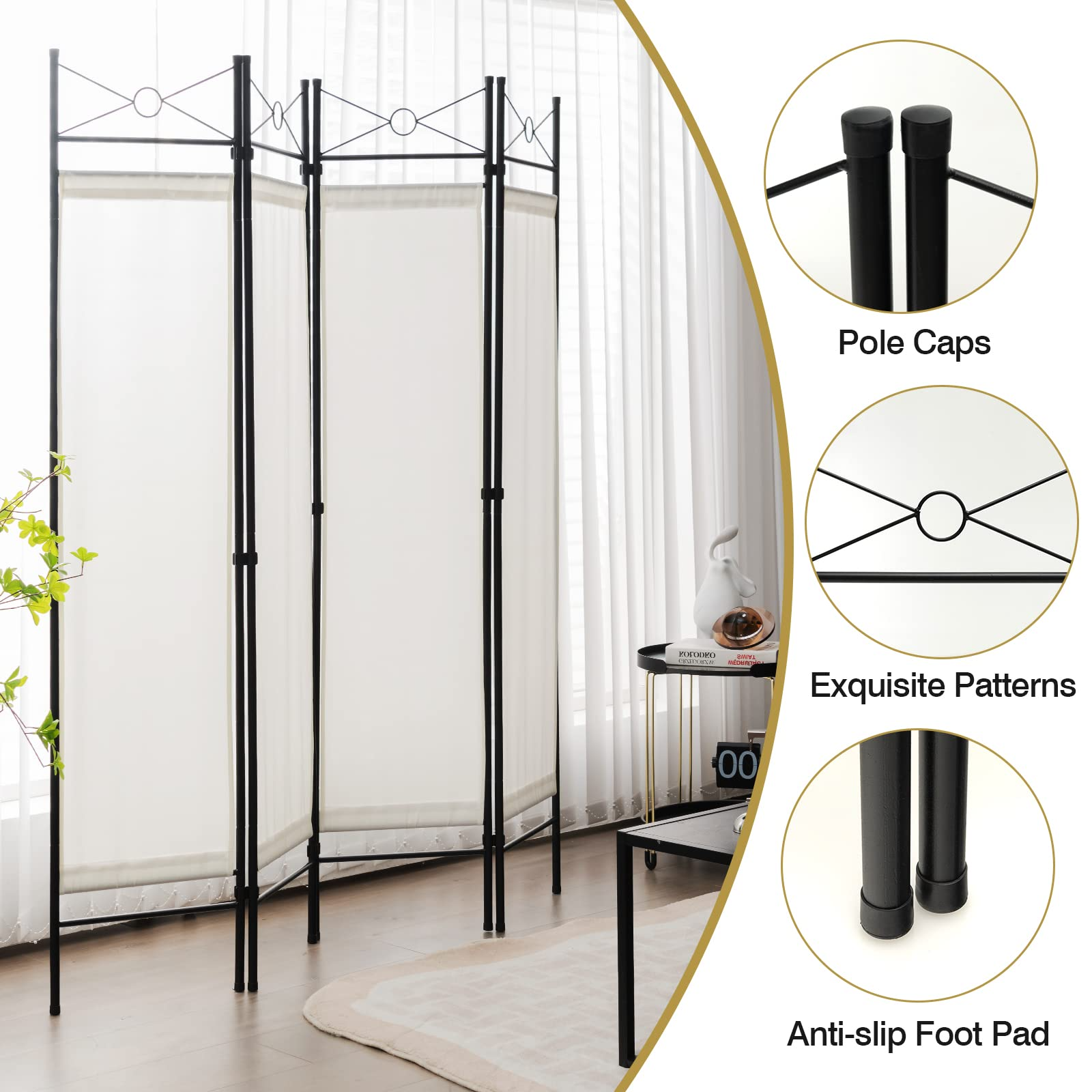 4 Panel Room Divider | 6 Ft Steel Frame Folding Privacy Screen