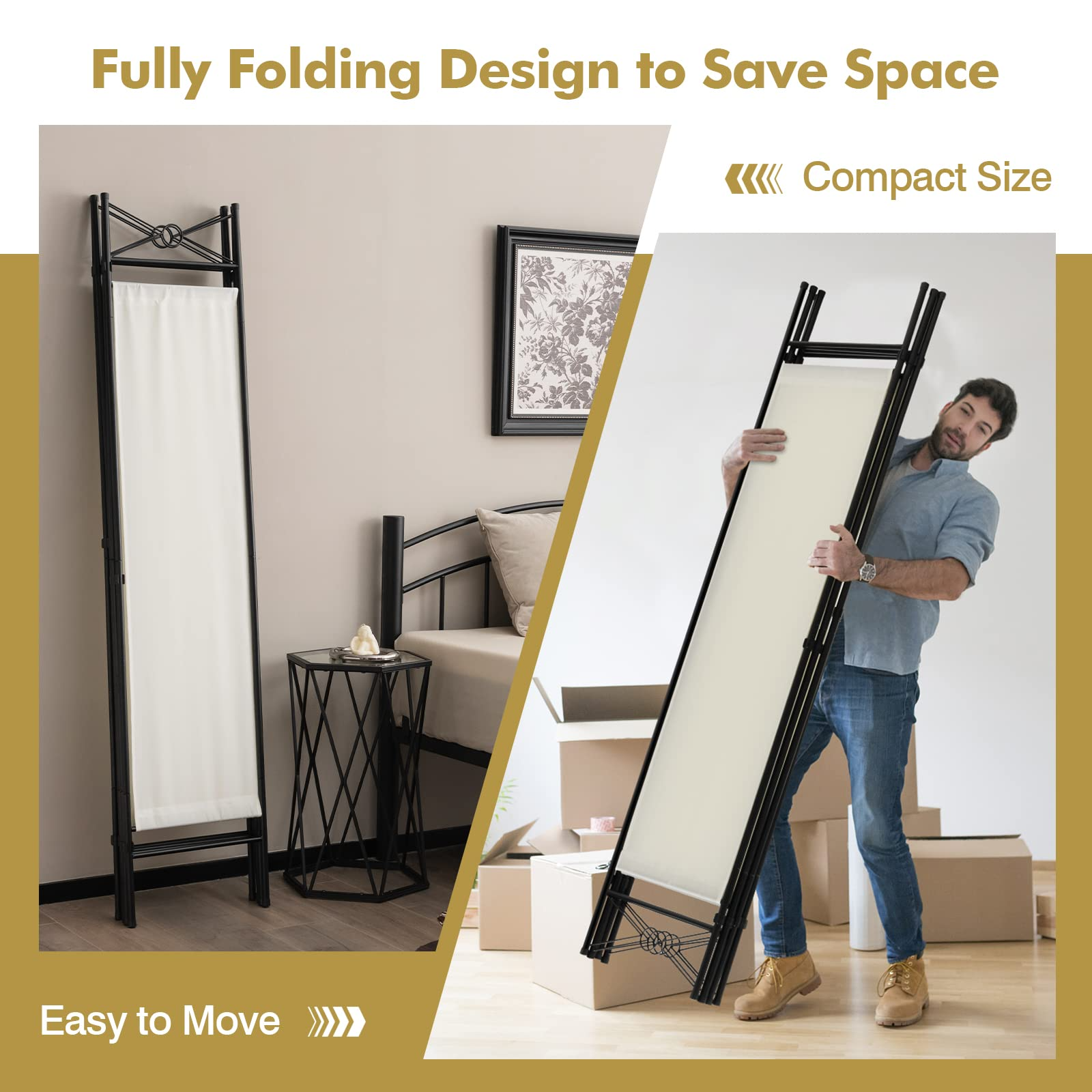 4 Panel Room Divider | 6 Ft Steel Frame Folding Privacy Screen