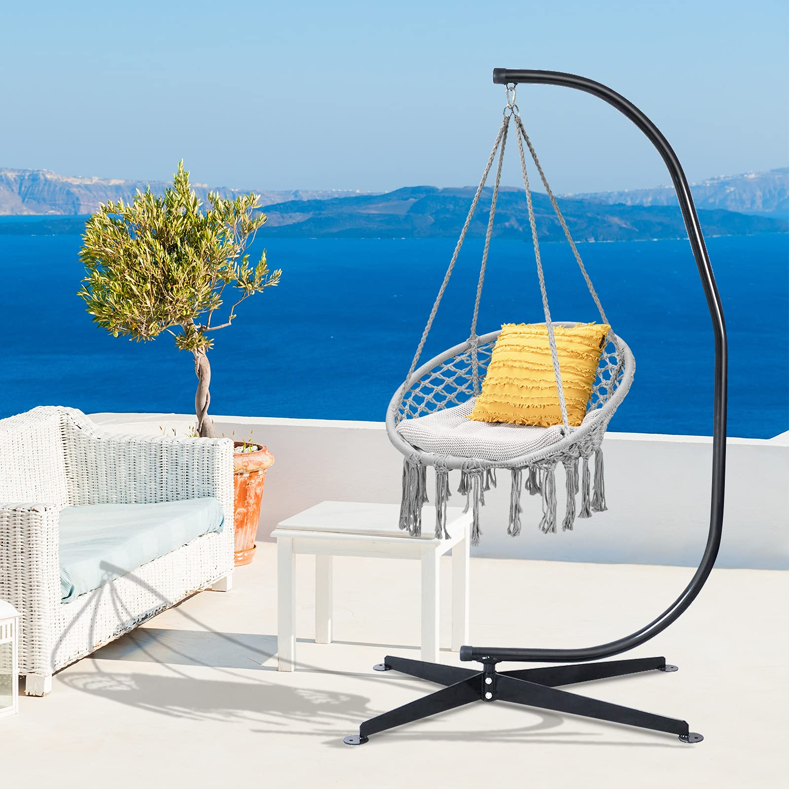 Giantex Hammock Chair with Stand, Solid Steel Heavy Duty C Stand with Macrame Hanging Chair 