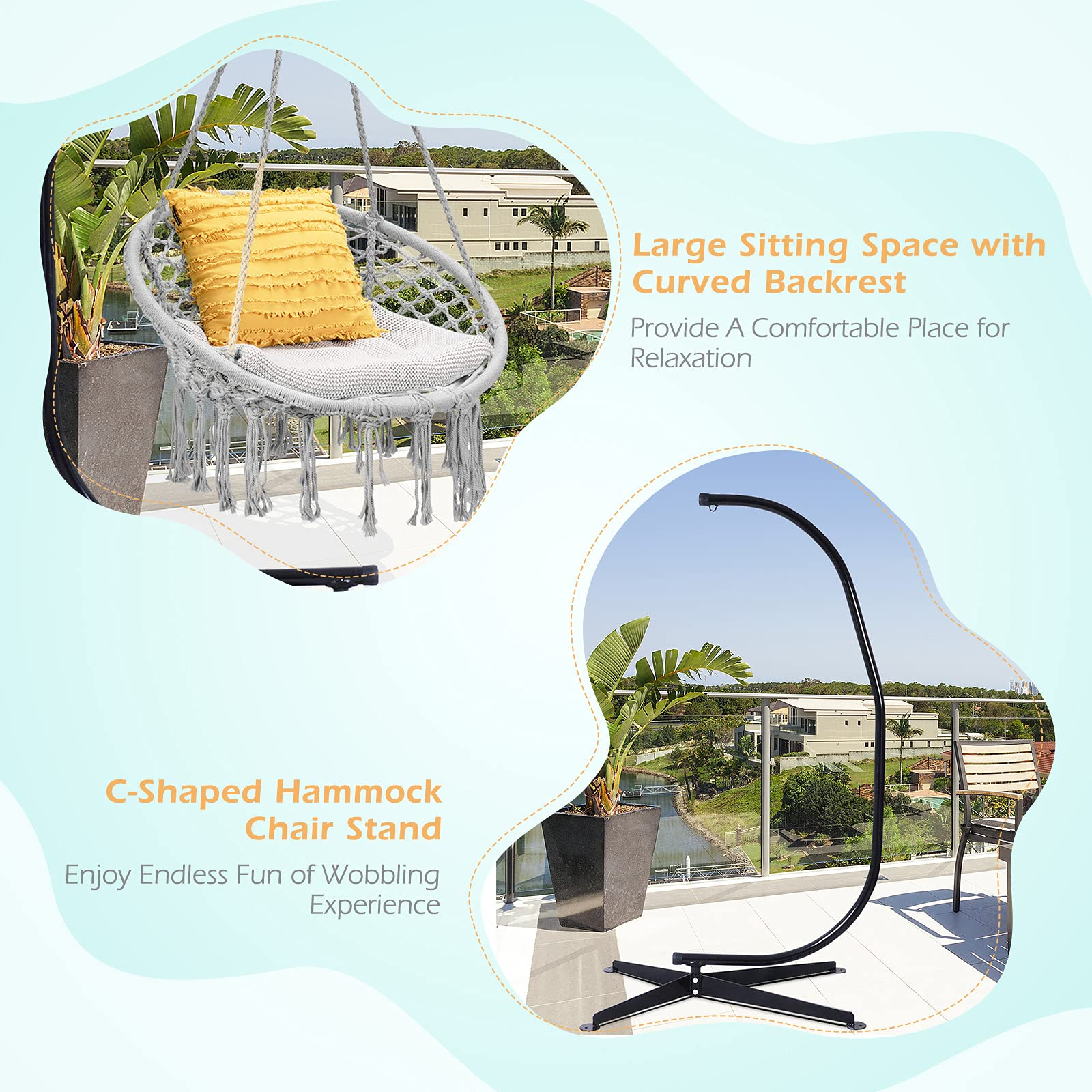 Giantex Hammock Chair with Stand, Solid Steel Heavy Duty C Stand with Macrame Hanging Chair 