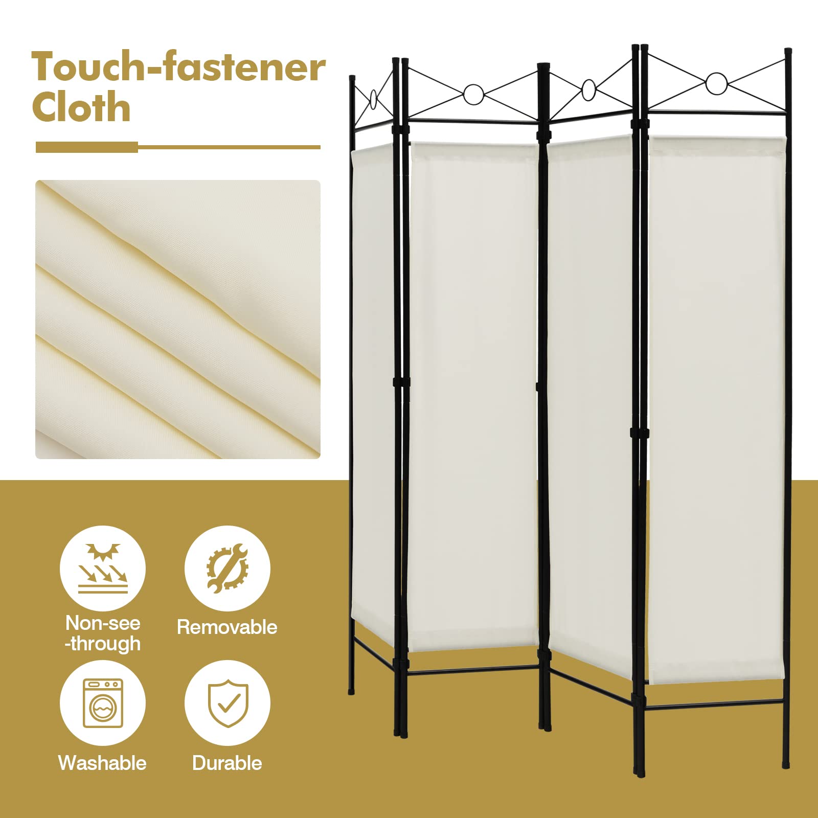 4 Panel Room Divider | 6 Ft Steel Frame Folding Privacy Screen