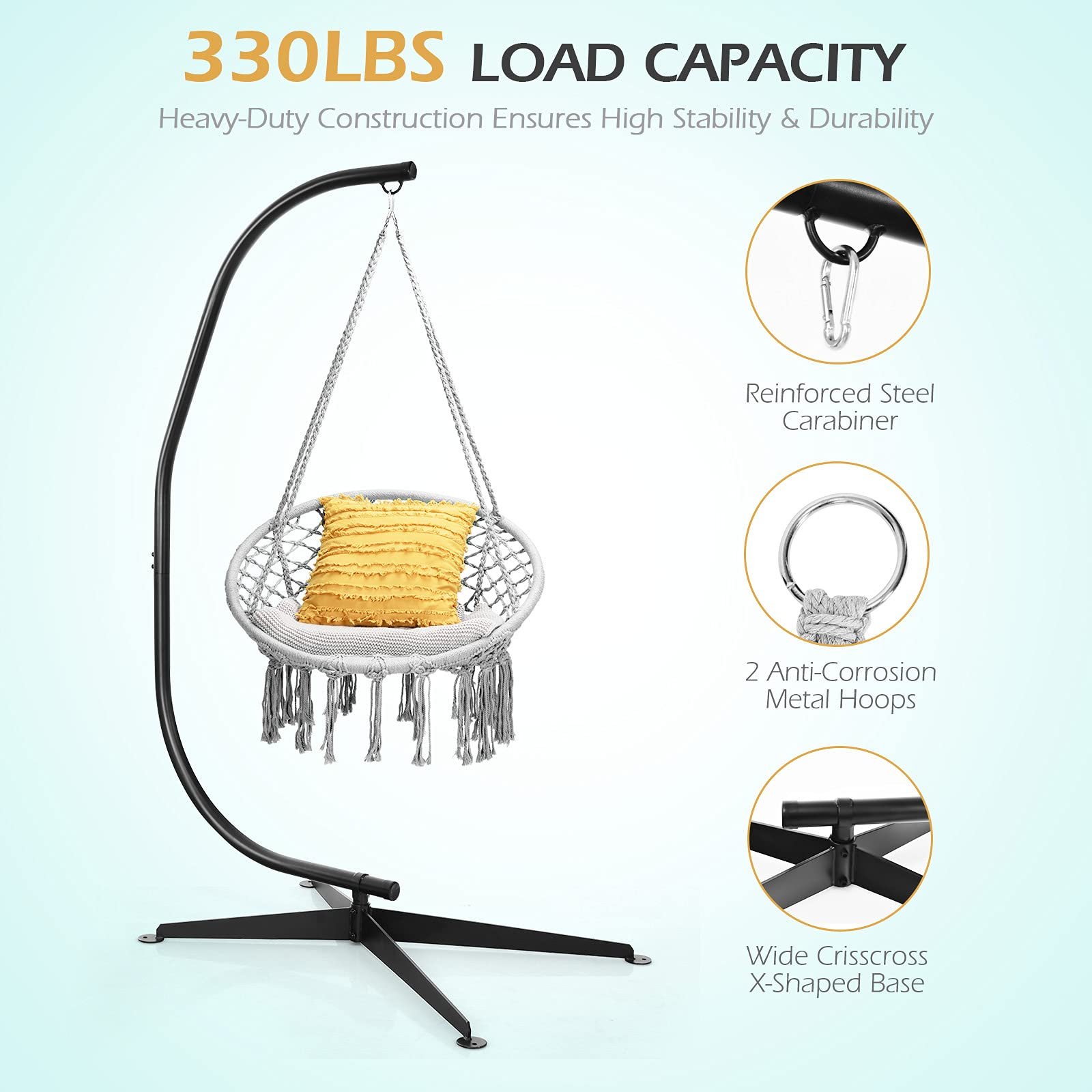 Giantex Hammock Chair with Stand, Solid Steel Heavy Duty C Stand with Macrame Hanging Chair 
