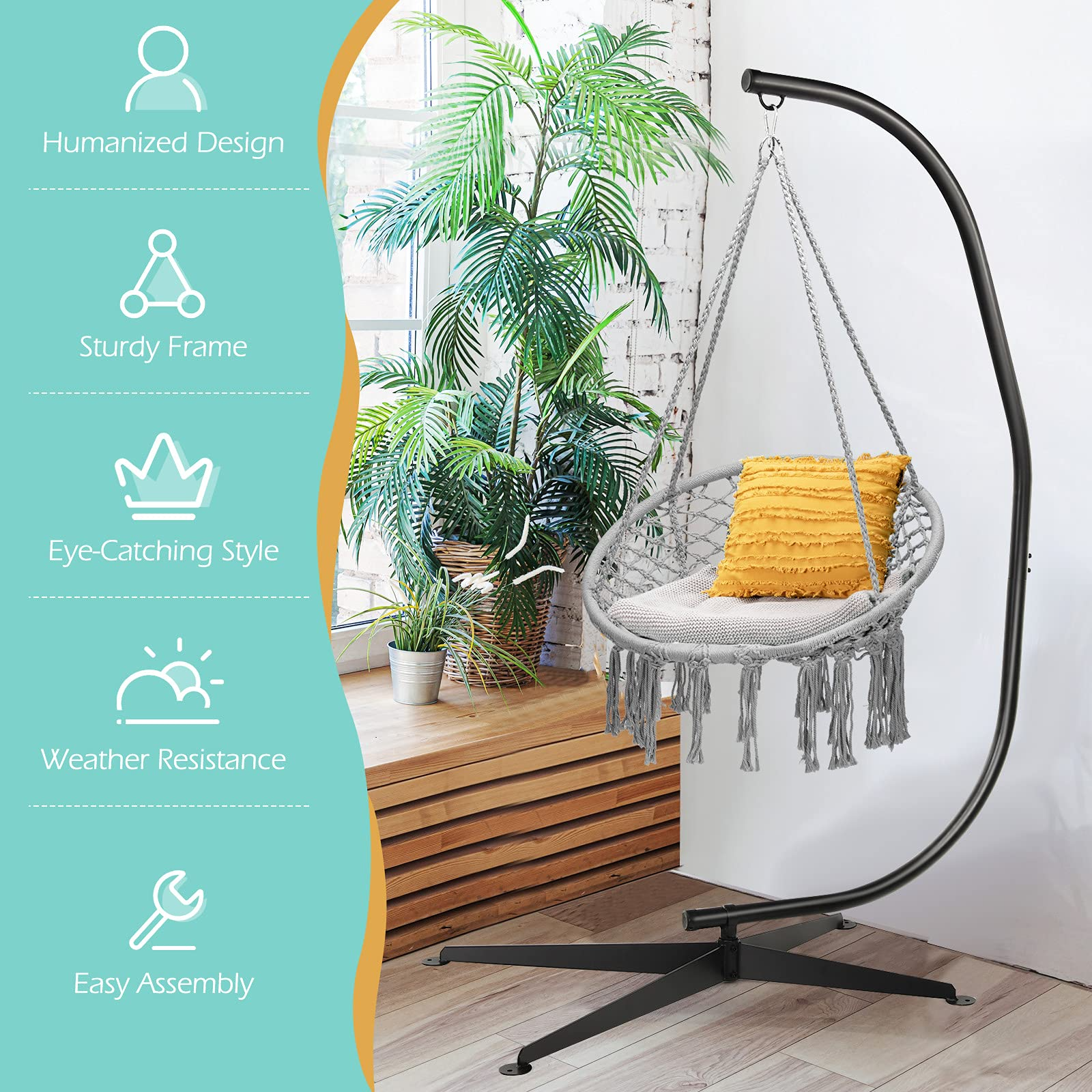 Giantex Hammock Chair with Stand, Solid Steel Heavy Duty C Stand with Macrame Hanging Chair 