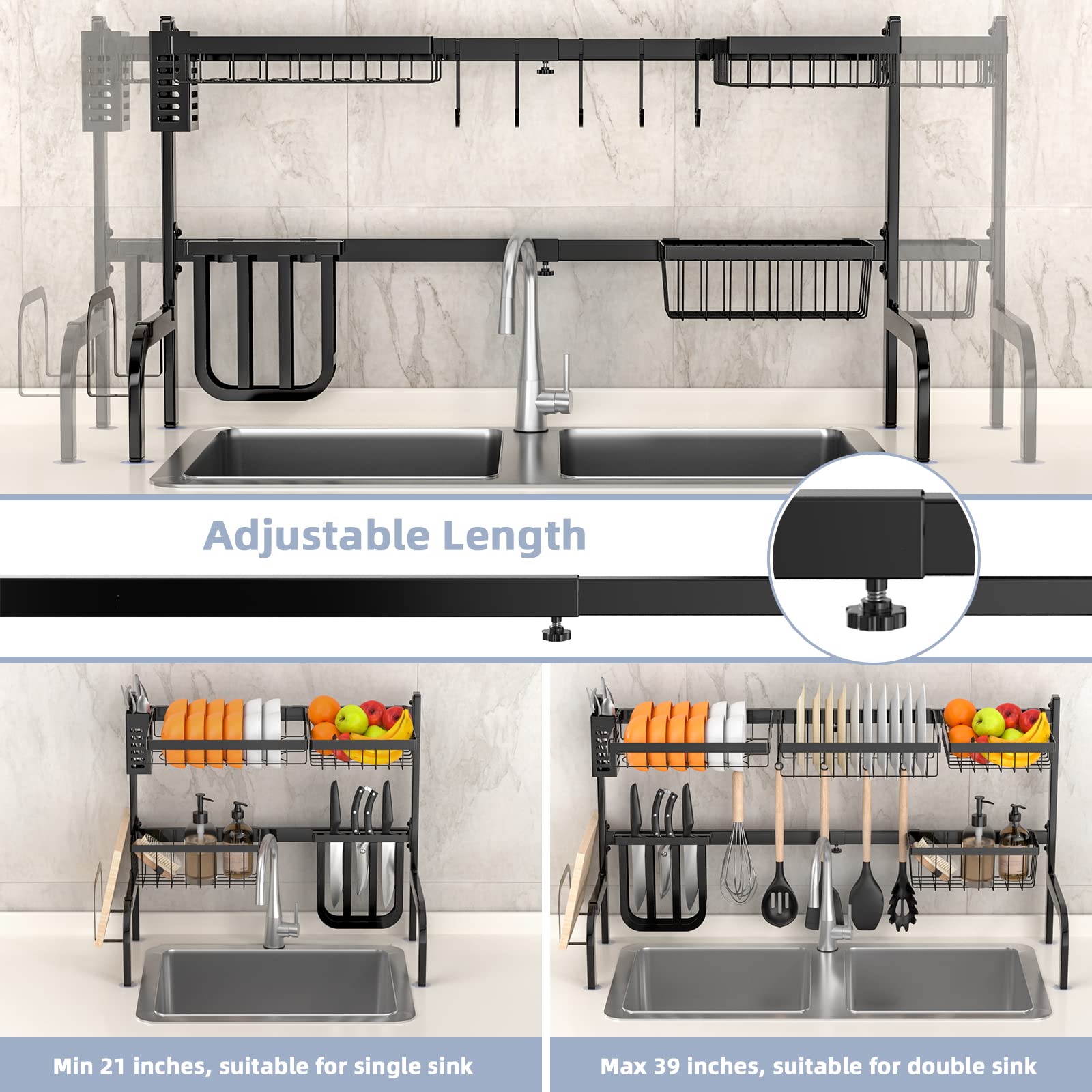 Giantex Over Sink Dish Drying Rack, 2-Tier Dish Drainer with Adjustable Length 21"-39" (Black) 