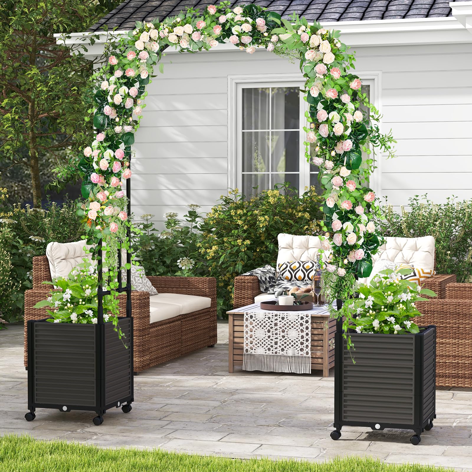 Giantex 79" Garden Arch with Trellis & 2 Planters 