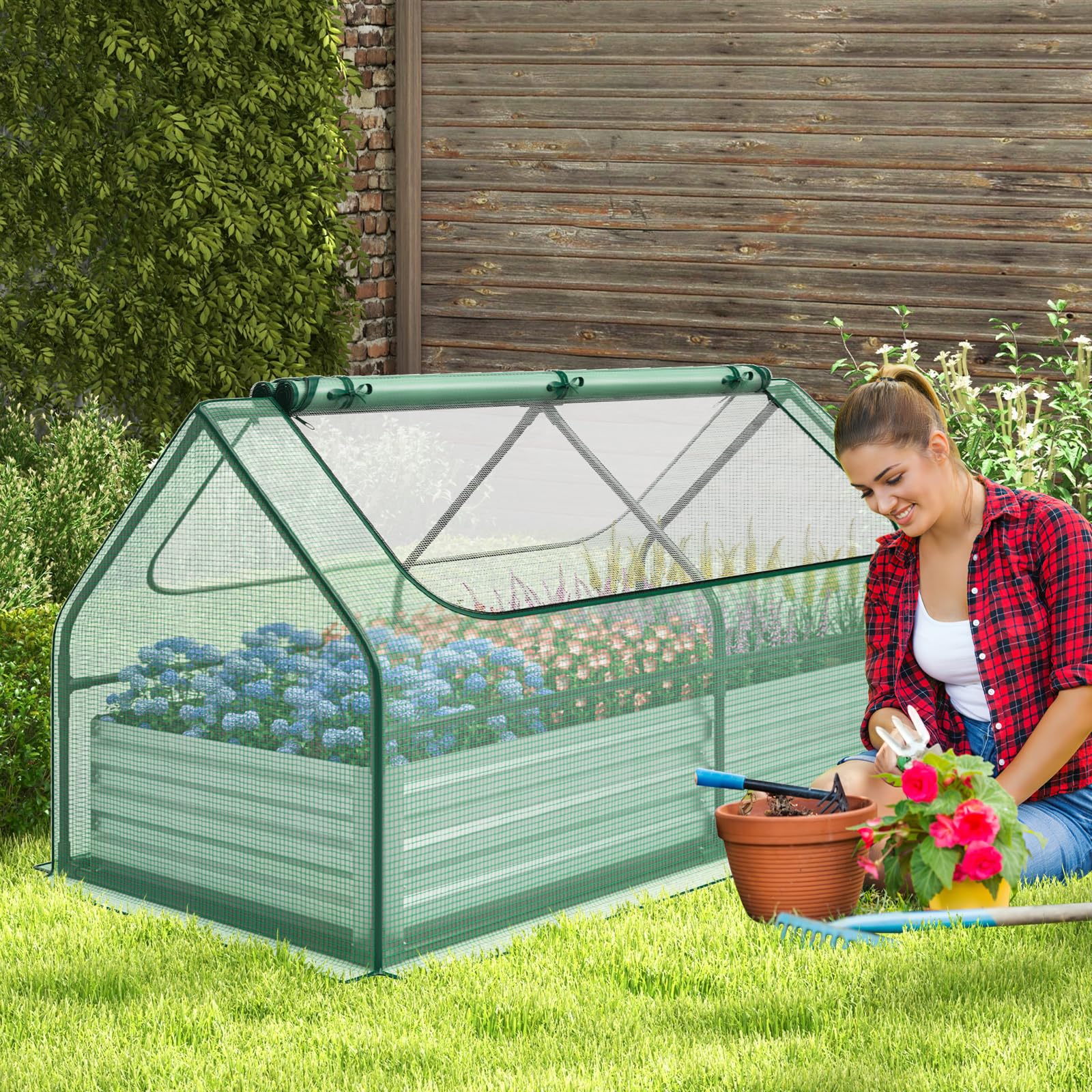 Giantex Galvanized Steel Raised Garden Bed with Mini Greenhouse, Outdoor Metal Planter Box Kit with Large Roll-up Cover 
