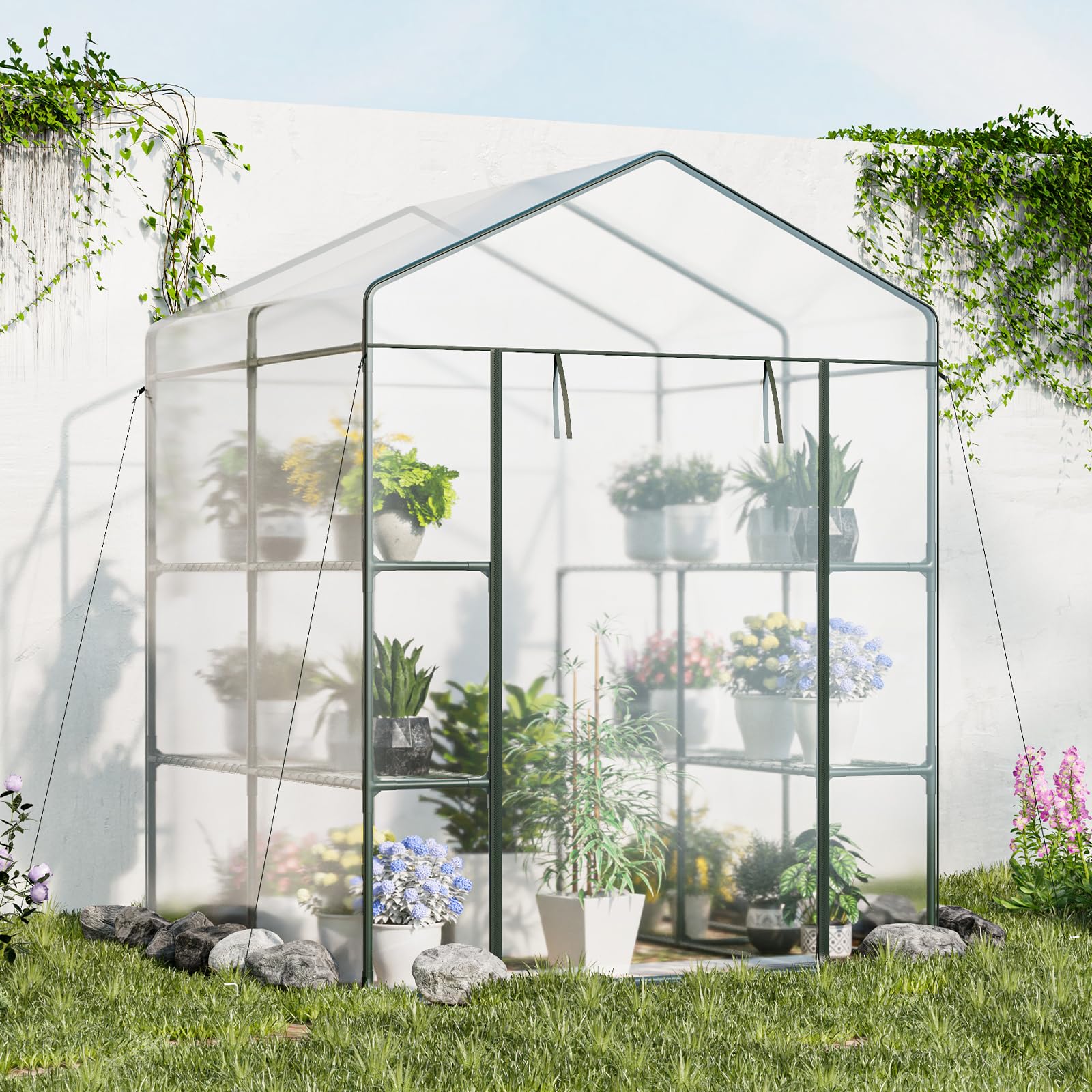 Giantex Walk-in Greenhouse w/ 3 Tiers 4 Shelves, 4 Ground Stakes & Ropes, PVC Cover 