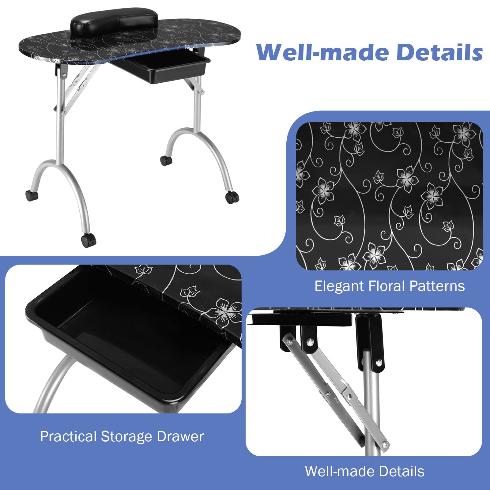 Foldable Nail Table Workstation with Lockable Wheels 