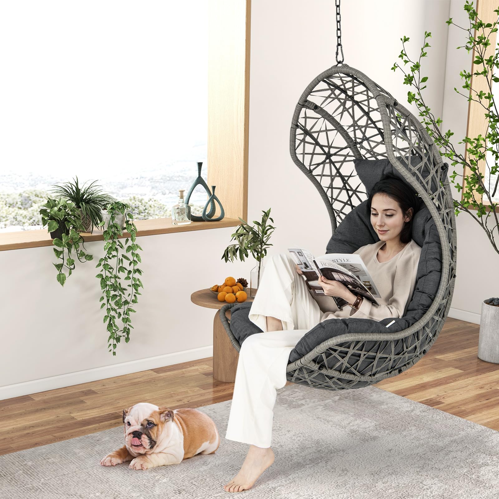 Giantex Swing Egg Chair Outdoor - PE Rattan Hammock Chair with Soft Pillow, Cushion, Metal Frame, Hanging Accessories 