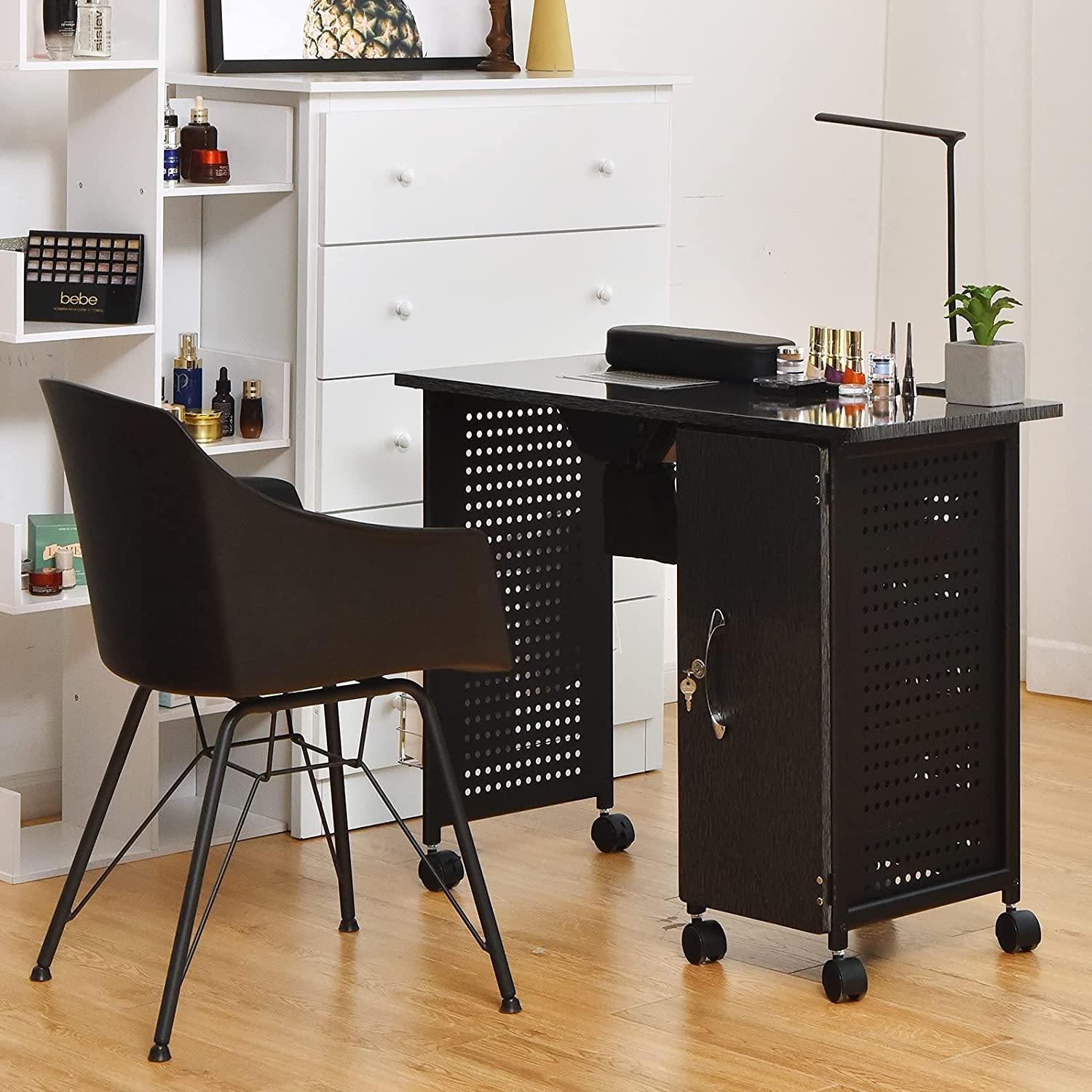 Nail Desk Manicure Table Steel Frame Nail Tables for Technician (Pure Black) 