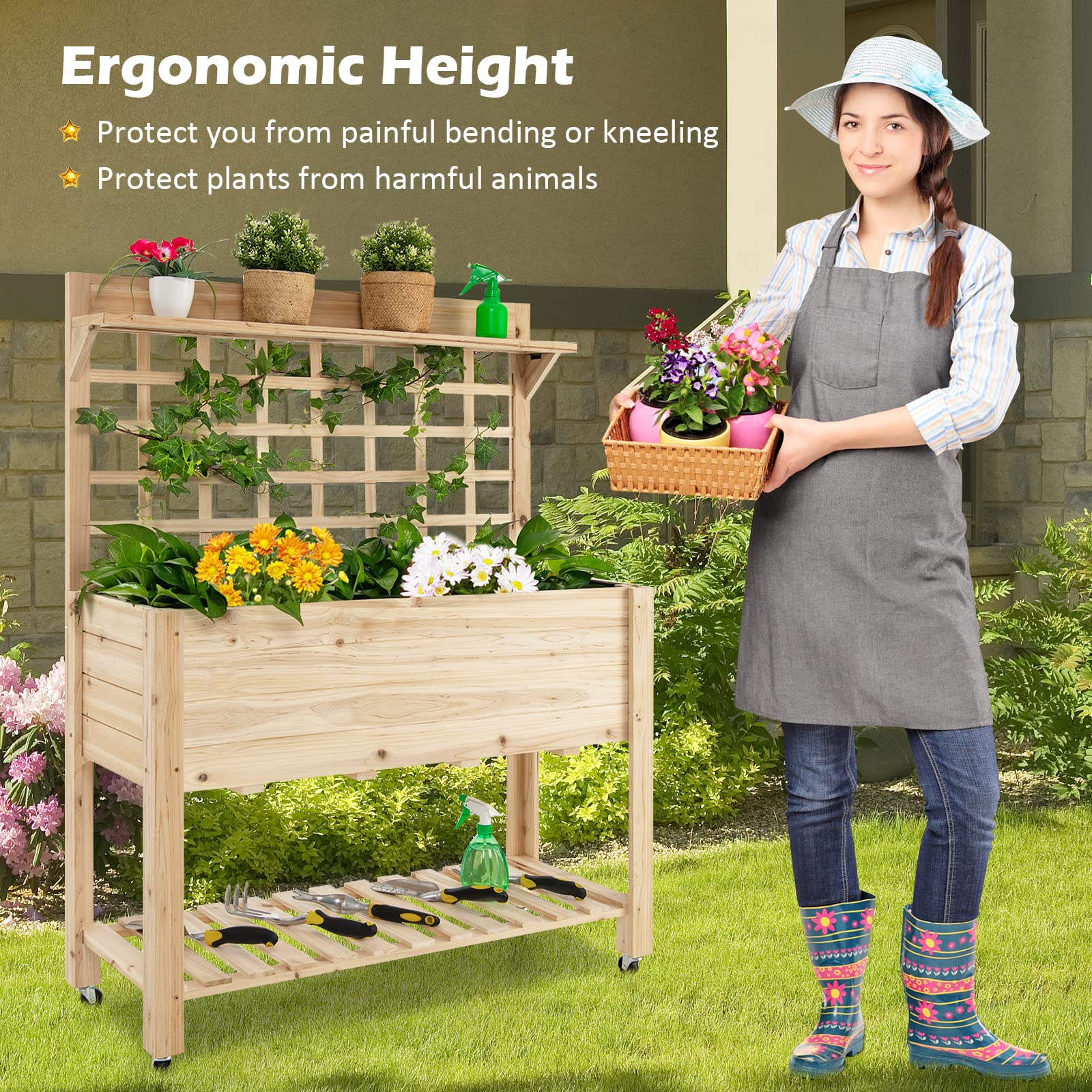 Giantex Raised Garden Bed on Wheels, Wood Planter with Trellis, Black Liner Storage Shelf 