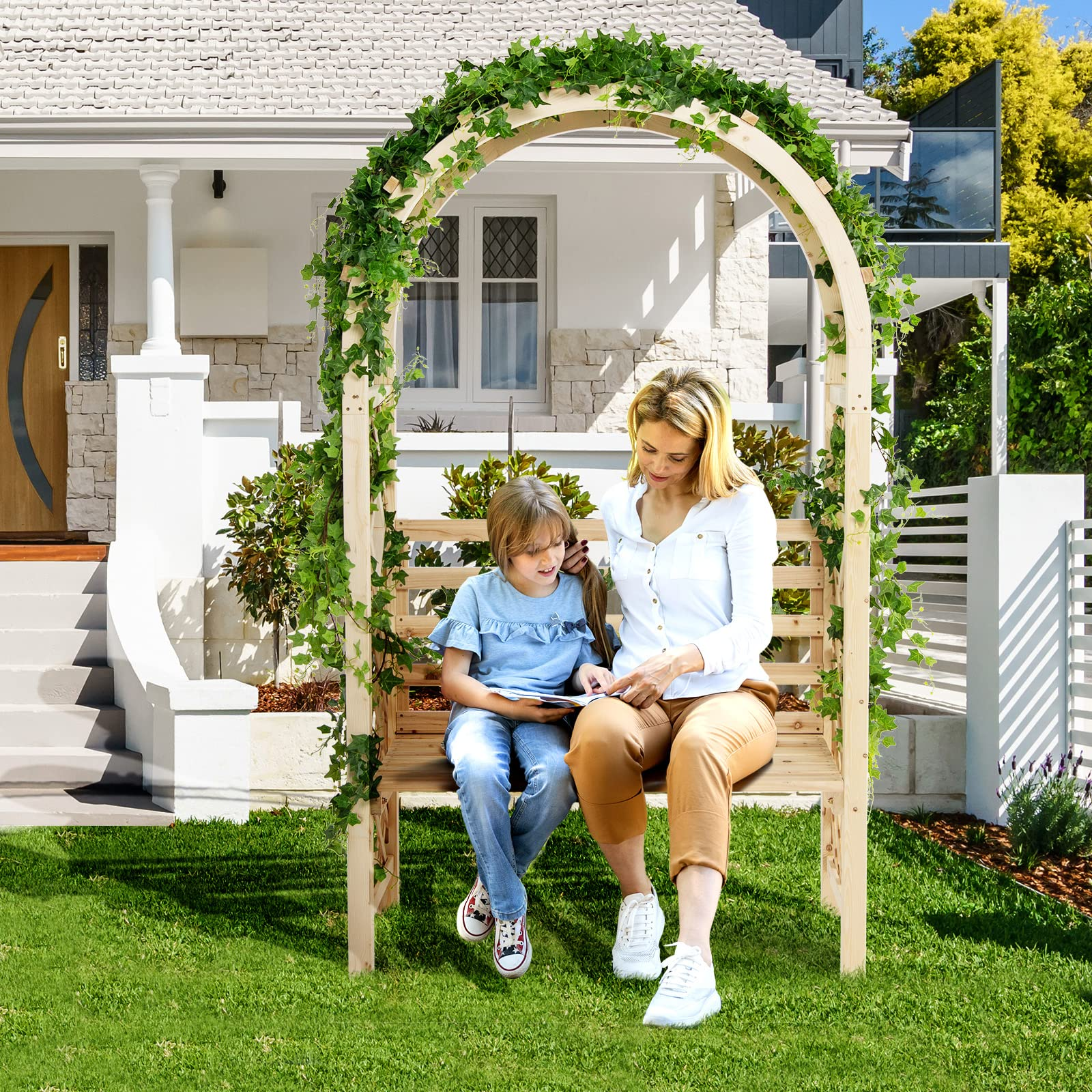 Giantex 81in Garden Arch with 2-Person Bench, Wooden Garden Arbor Archway Trellis for Climbing Plants