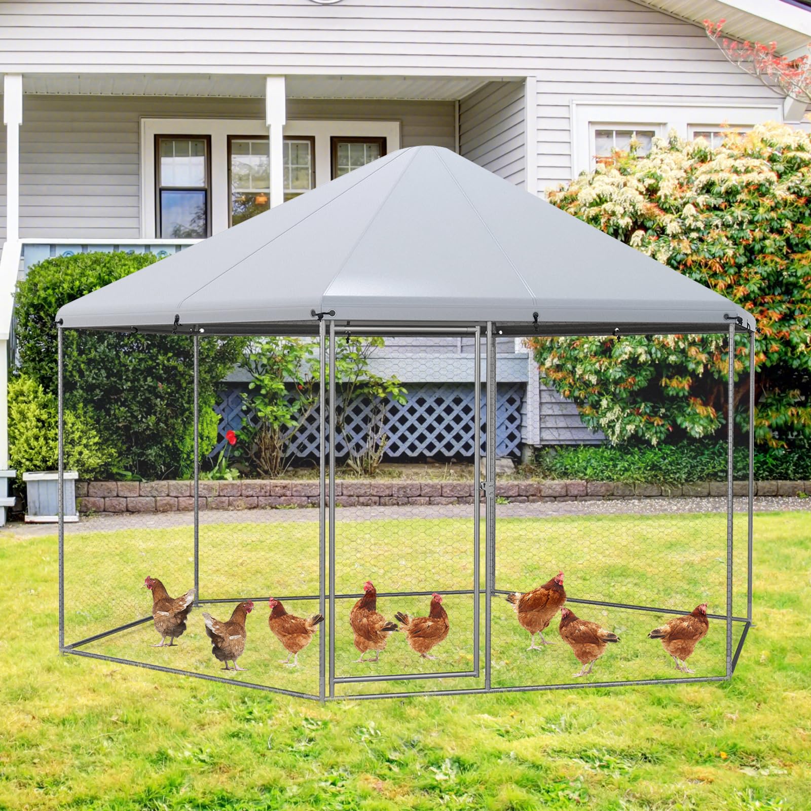 Giantex Large Metal Chicken Run - 13ft Hexagon Walk-in Chicken Coop 
