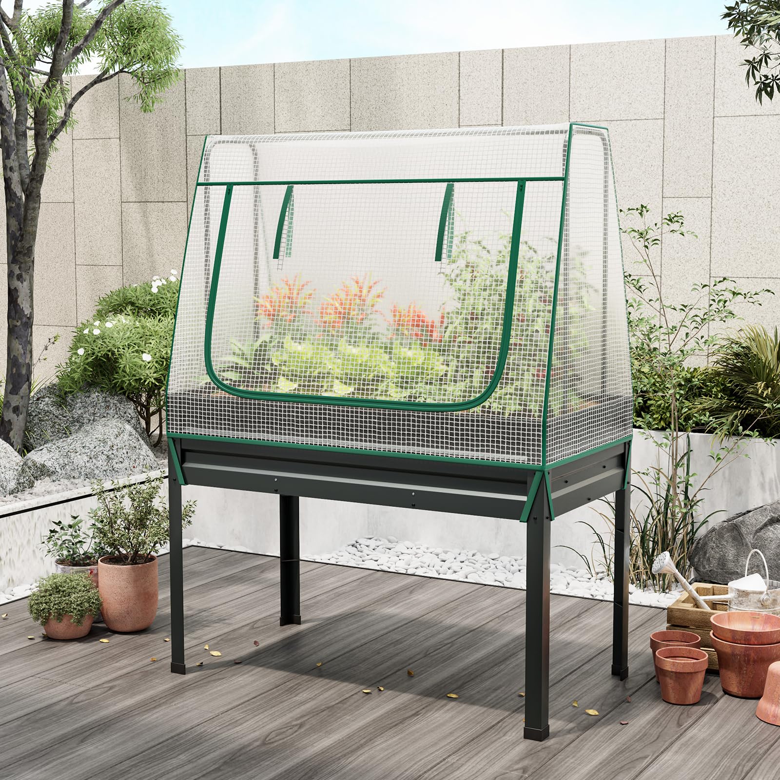 Giantex 3-in-1 Raised Garden Bed with Greenhouse Cover & Trellis Rope, 46”x23.5”x59” Raised Bed for Flower Herb Vegetable 