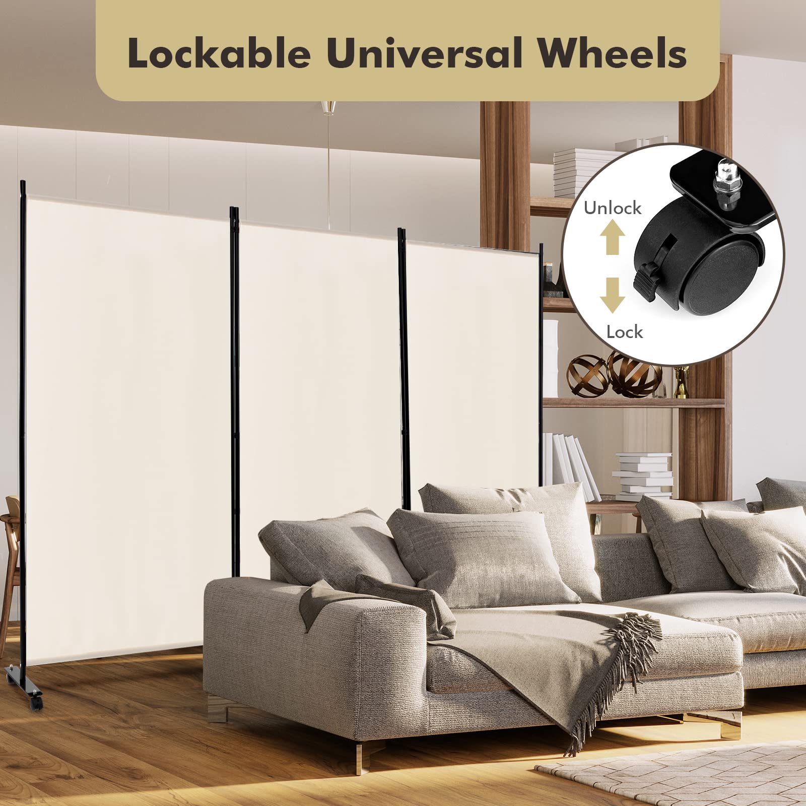 Giantex 3 Panel Room Divider with Wheels, 103''W x 71''H Folding Privacy Screen