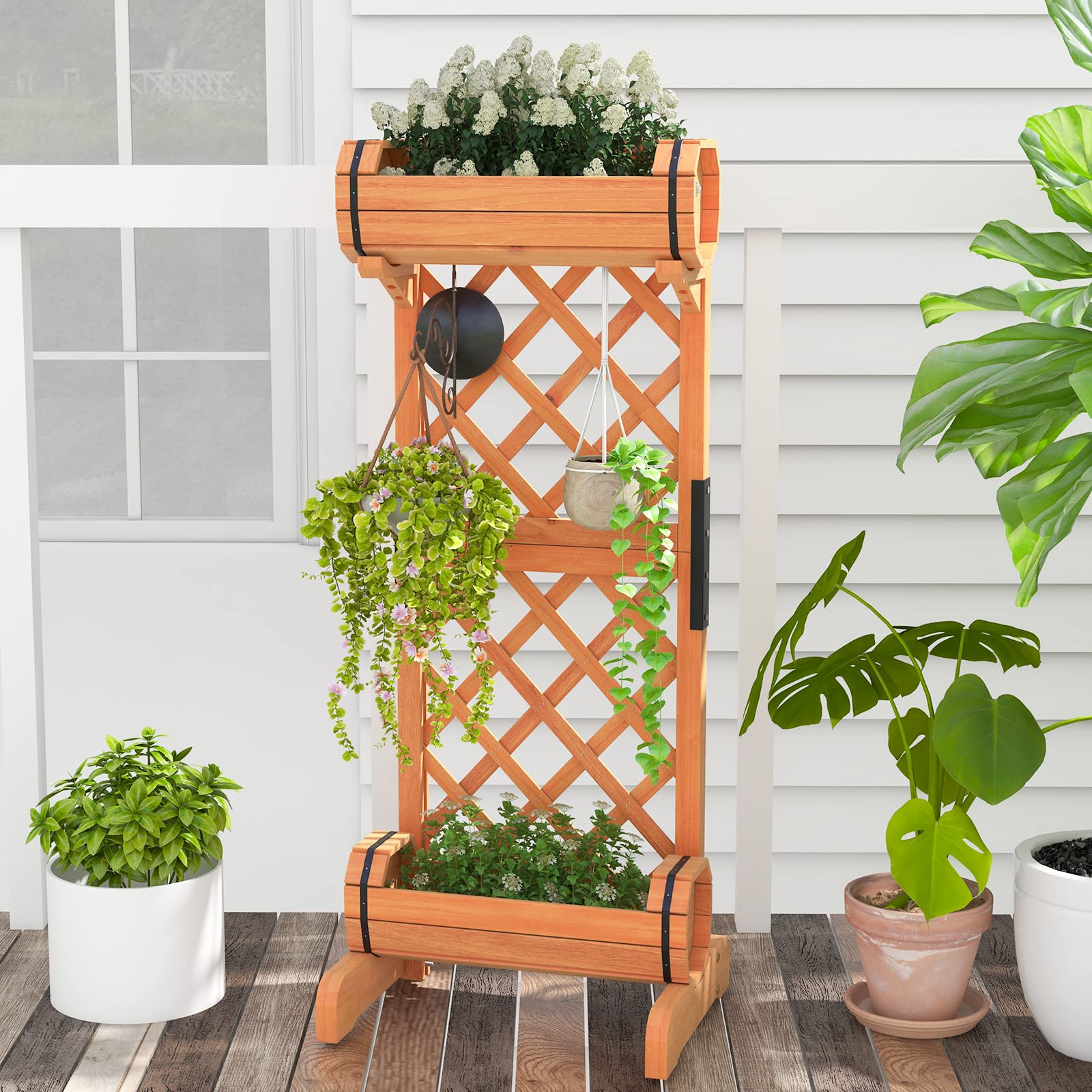 Giantex Raised Garden Bed with 2 Barrel Planters & Trellis 